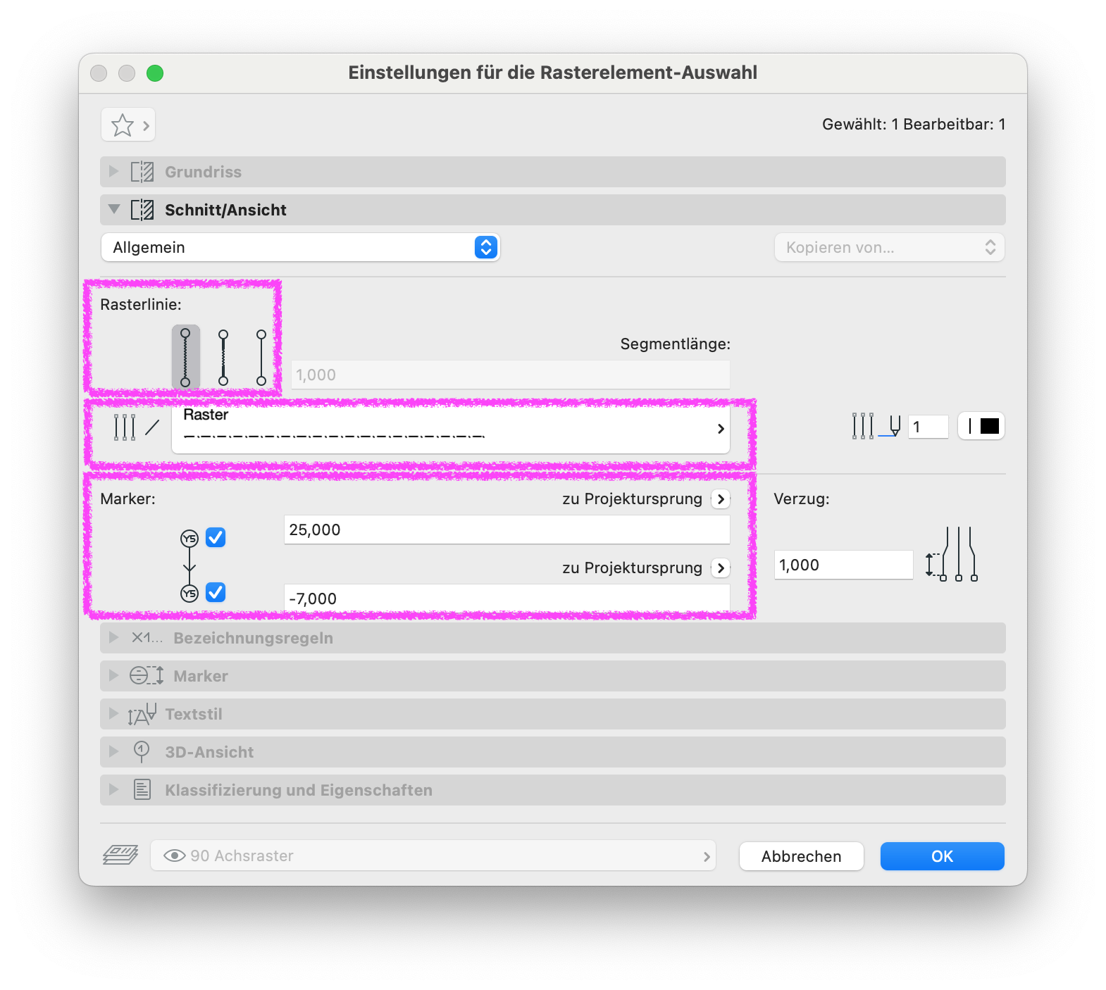 Archicad Einstellungen für die Rasterelement-Auswahl, Bereich Schnitt/Ansicht, mit Optionen für Rasterlinie, Rasterlinientyp sowie Markerpositionen relativ zum Projektursprung.