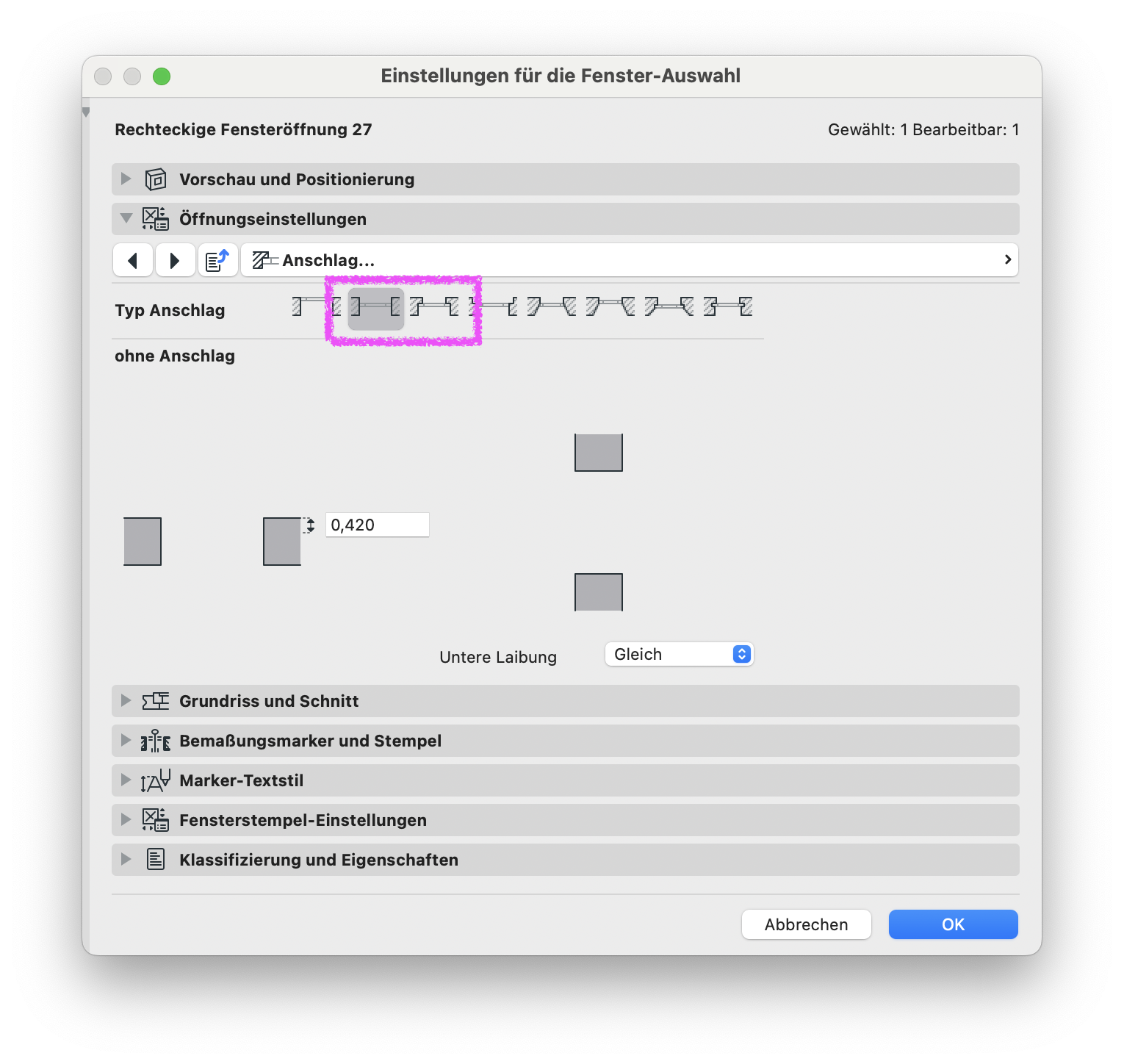 Archicad Dialog „Einstellungen für die Fenster-Auswahl“ des Objekts „Rechteckige Fensteröffnung 27“ im Bereich „Anschlag“ mit hervorgehobener Auswahl eines Anschlagtyps.