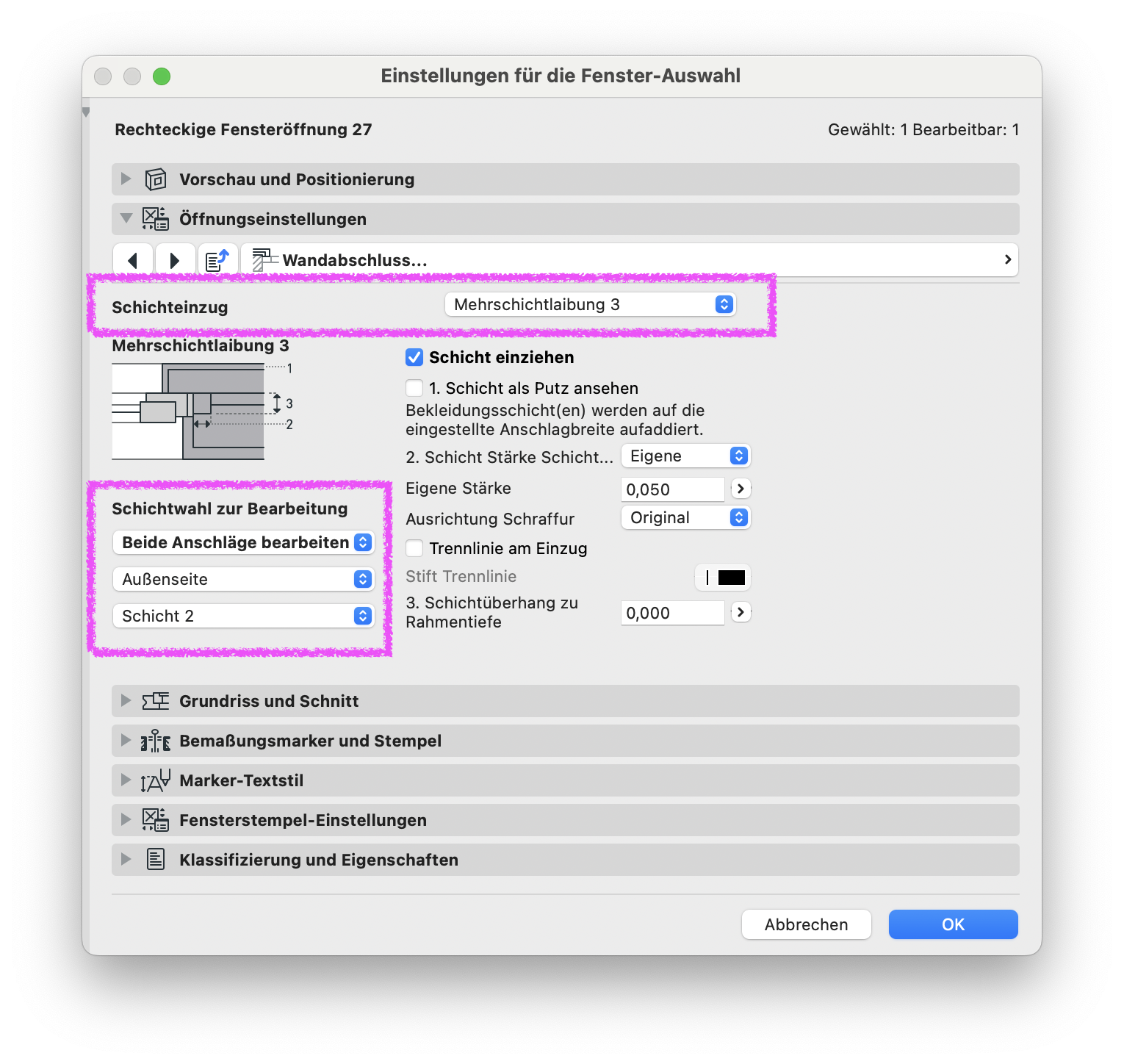 Archicad Dialog „Einstellungen für die Fenster-Auswahl“ des Objekts „Rechteckige Fensteröffnung 27“ im Bereich „Wandabschluss“ mit hervorgehobenen Einstellungen zum Schichteinzug der Mehrschichtlaibung sowie zur Auswahl der zu bearbeitenden Schicht.