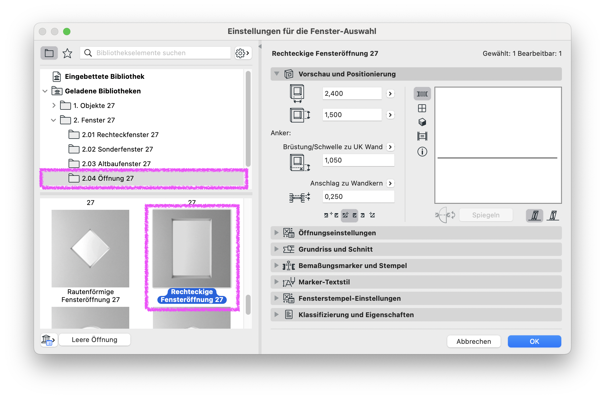 Archicad Dialog „Einstellungen für die Fenster-Auswahl“ mit ausgewähltem Bibliothekselement „Rechteckige Fensteröffnung 27“ aus dem Ordner „2.04 Öffnung 27“ sowie hervorgehobener Einstellung des Anschlagtyps.