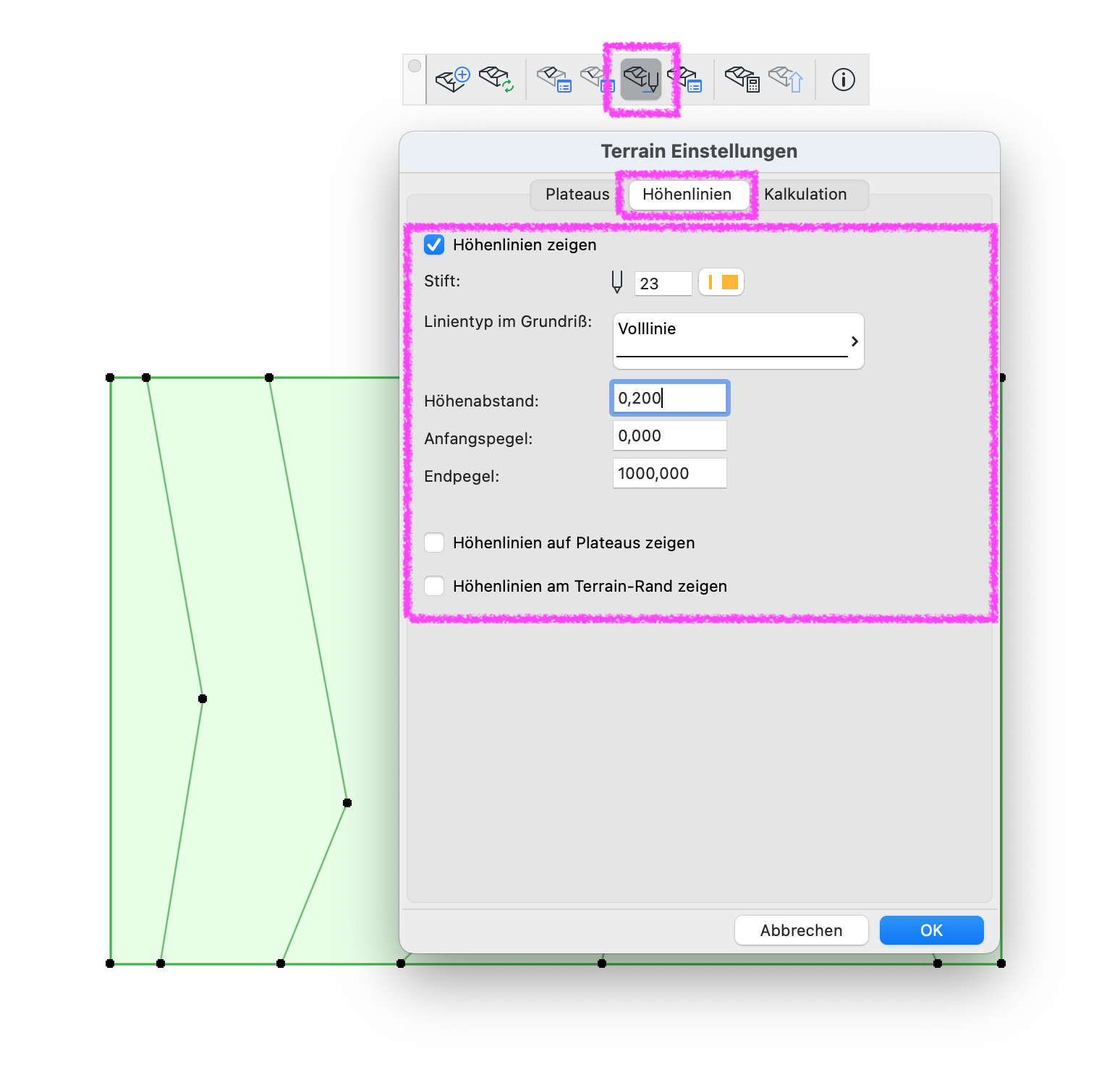 Archicad Dialog Terrain Einstellungen, Register Höhenlinien, mit aktivierter Option Höhenlinien zeigen und definiertem Höhenabstand zur Darstellung von Höhenlinien im Gelände.