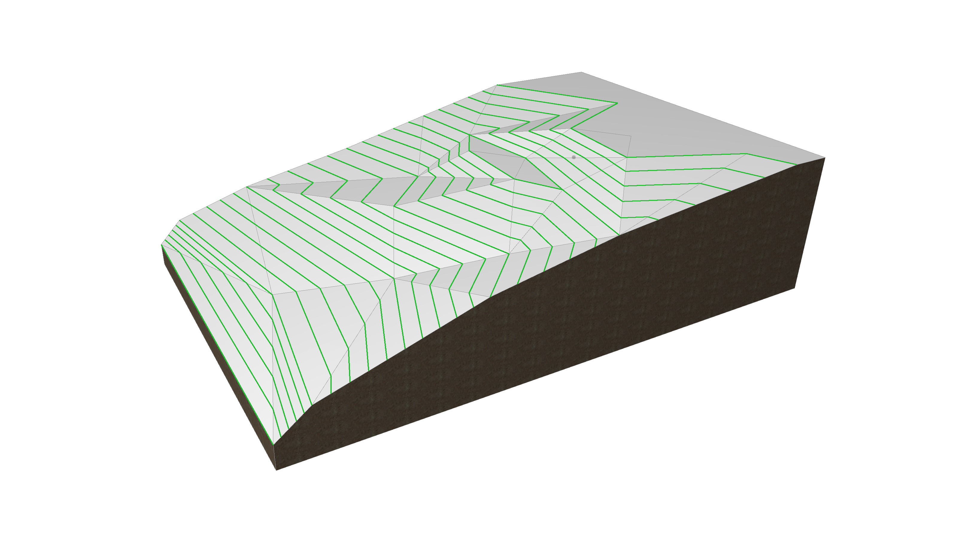 3D-Darstellung eines Geländemodells mit aktivierten Höhenlinien (grün), die das Gefälle und die Topografie entlang der Oberfläche sichtbar machen.