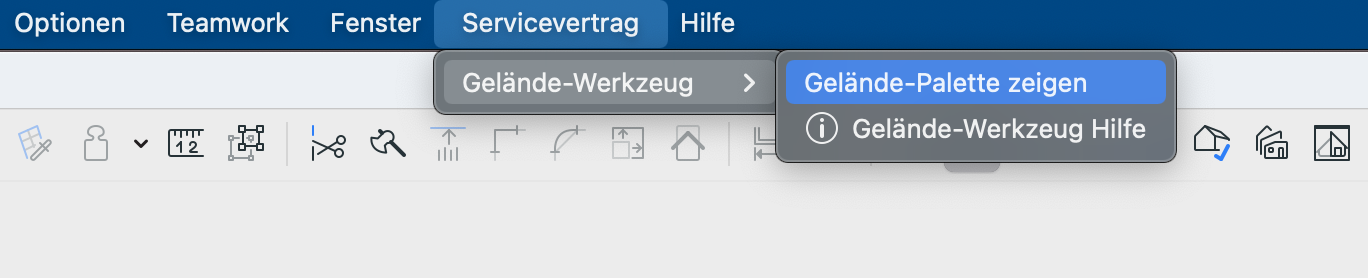Archicad Menü Optionen > Gelände-Werkzeug mit ausgewähltem Eintrag Gelände-Palette zeigen zum Einblenden der Gelände-Werkzeugpalette.