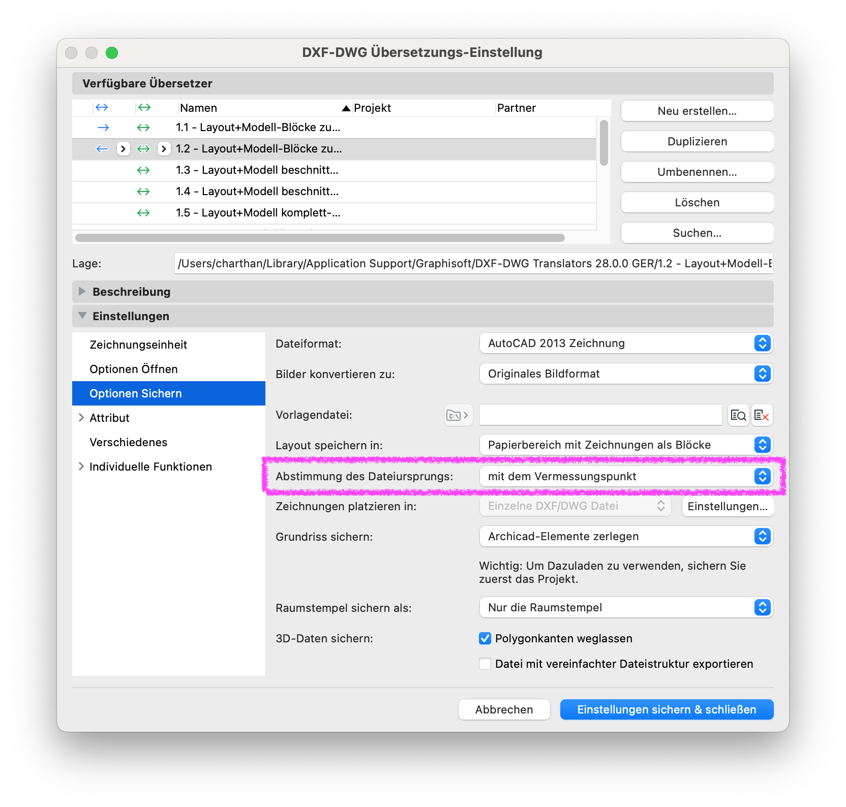 Archicad DXF-DWG Übersetzungs-Einstellungen, Bereich Optionen Sichern, mit Einstellung Abstimmung des Dateiu rsprungs: mit dem Vermessungspunkt zur Ausrichtung der exportierten DWG-Datei am Vermessungspunkt.