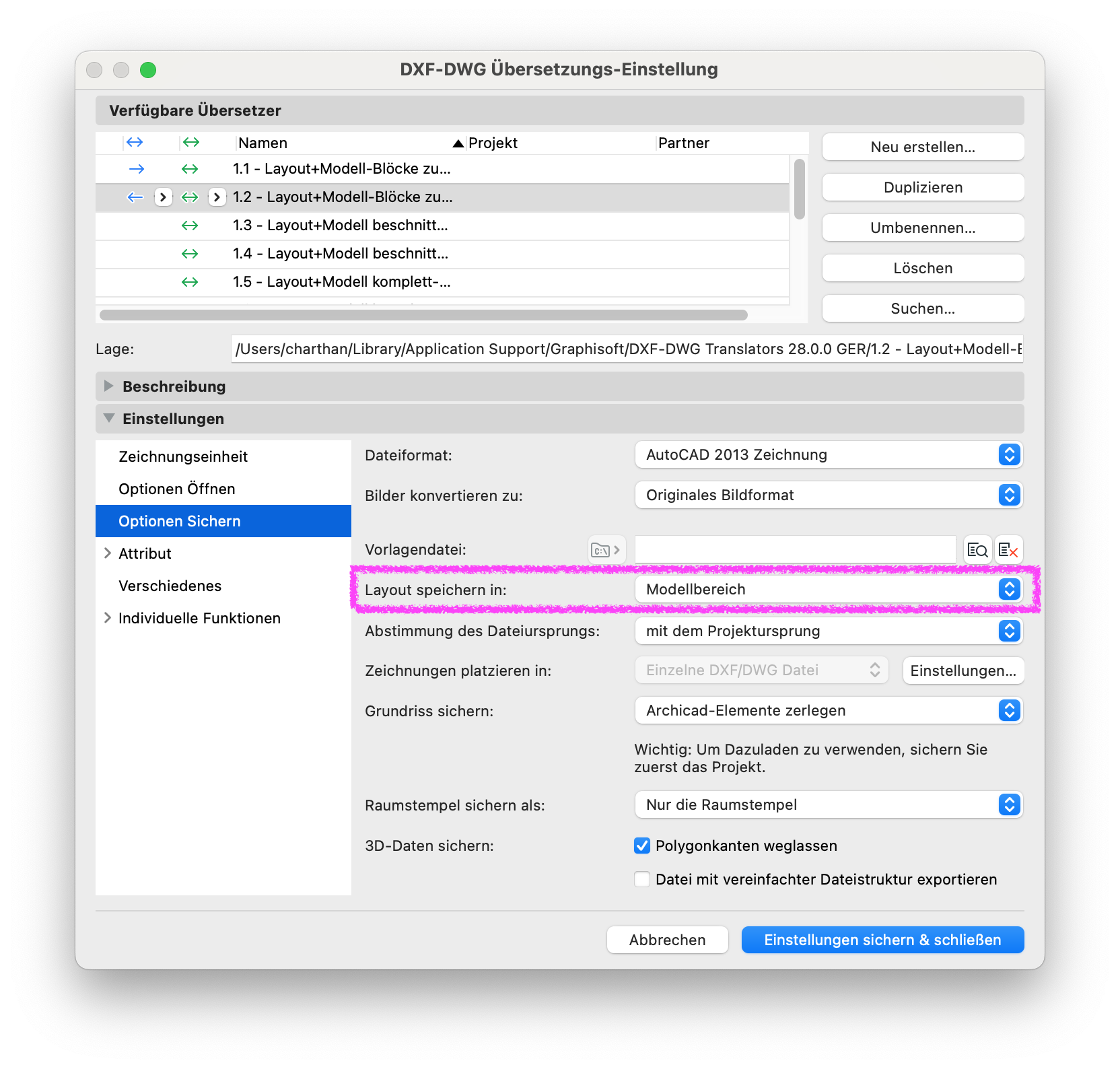 Archicad DXF-DWG Übersetzungs-Einstellungen, Bereich Optionen Sichern, mit Einstellung Layout speichern in: Modellbereich für den DWG-Export in den Modellbereich.