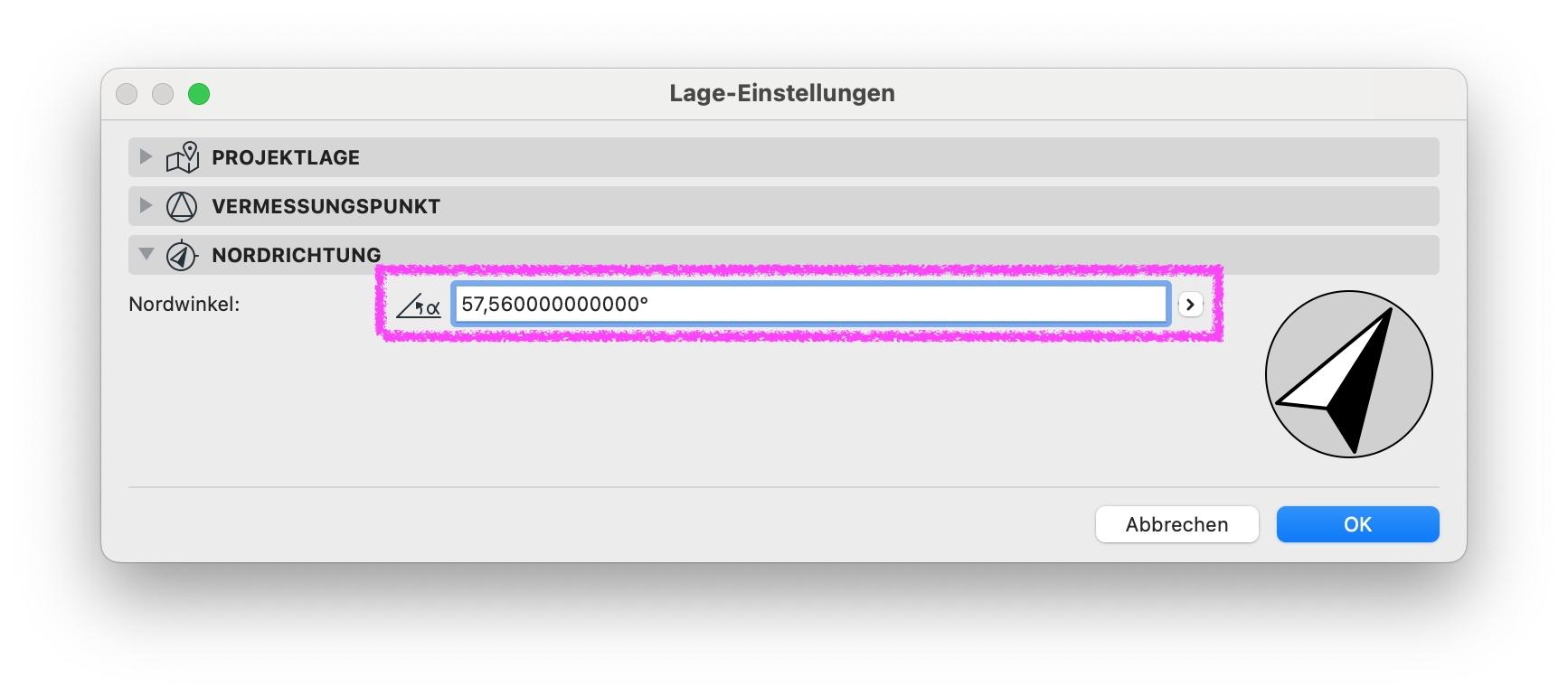 Archicad Lage-Einstellungen, Bereich Nordrichtung, mit eingestelltem Nordwinkel zur Definition der geografischen Nordausrichtung des Projekts.