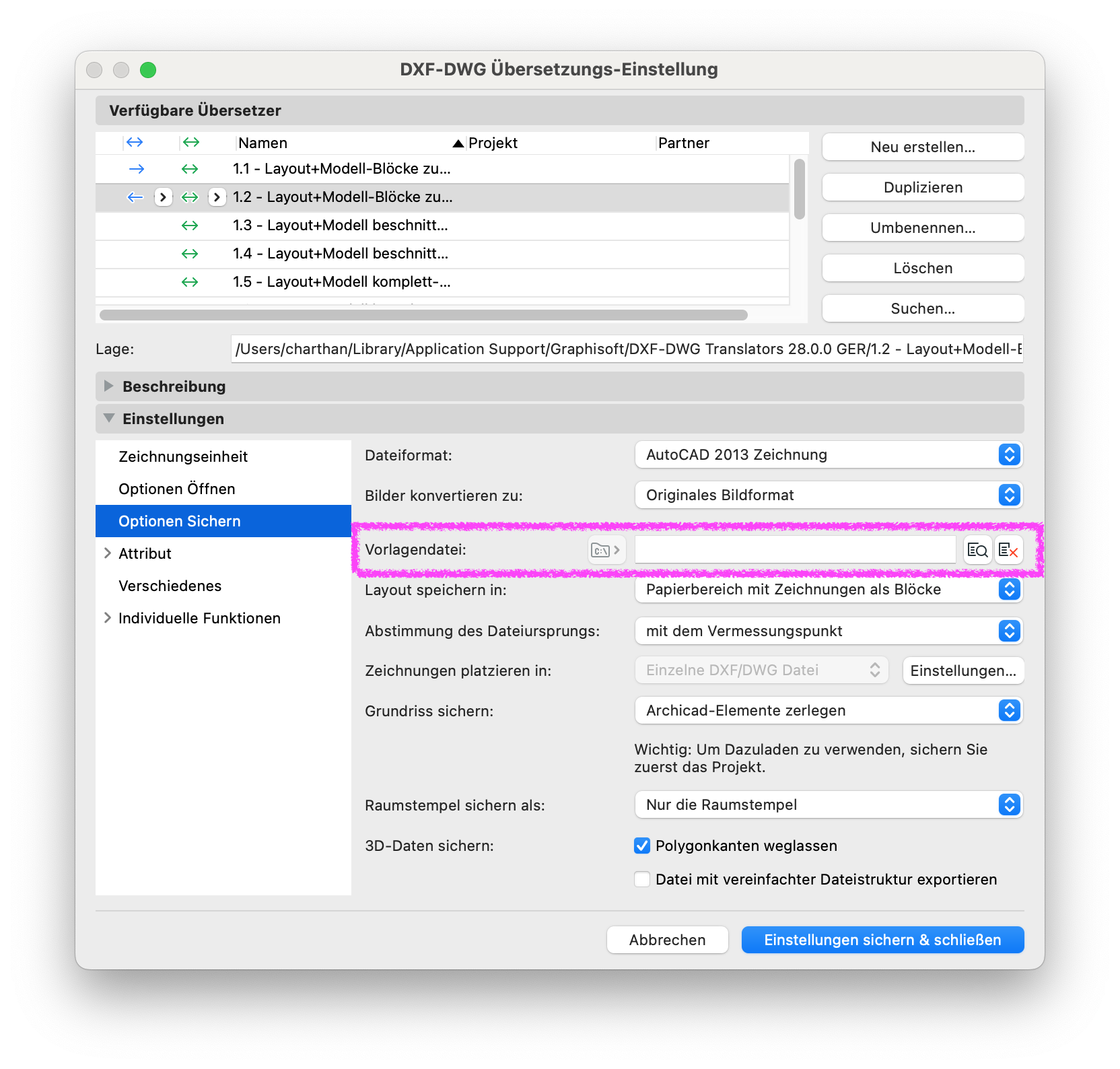 Archicad DXF-DWG Übersetzungs-Einstellungen, Bereich Optionen Sichern, mit markiertem Feld Vorlagendatei zur Auswahl einer AutoCAD-Vorlagendatei für den DXF/DWG-Export.