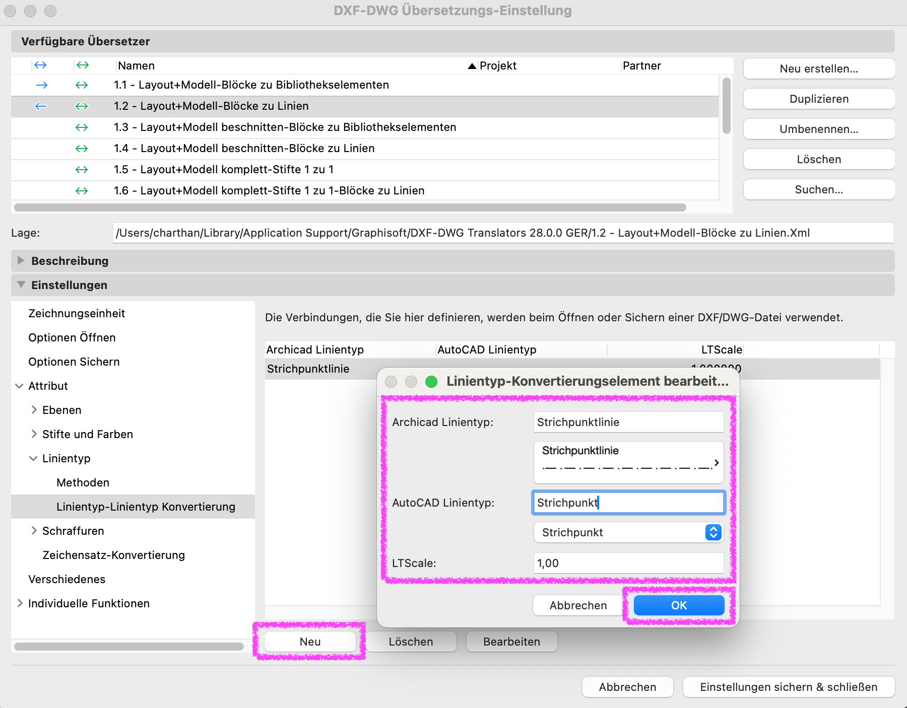 Archicad DXF-DWG Übersetzungs-Einstellungen, Bereich Linientyp–Linientyp Konvertierung, Dialog Linientyp-Konvertierungselement bearbeiten mit Zuordnung eines Archicad-Linientyps zu einem AutoCAD-Linientyp sowie Einstellung LTScale = 1,00 und Schaltfläche OK.