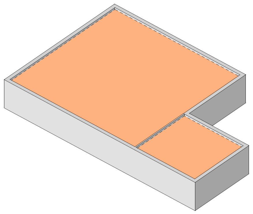 Modelo 3D de planta baixa criado no Archicad (software BIM da Graphisoft), exibindo duas áreas retangulares com lajes laranja, muros cinza ao redor e linhas tracejadas indicando aberturas.