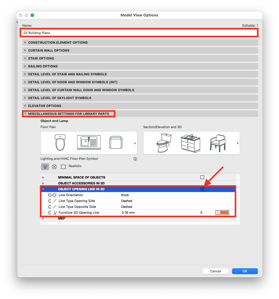Screenshot showing the Opções de Visualização do Modelo dialog with the Definições Diversas para Itens da Biblioteca tab Abrir, highlighting the Opção that must be Ativado for Objeto Abertura Linhas to appear in 3D.
