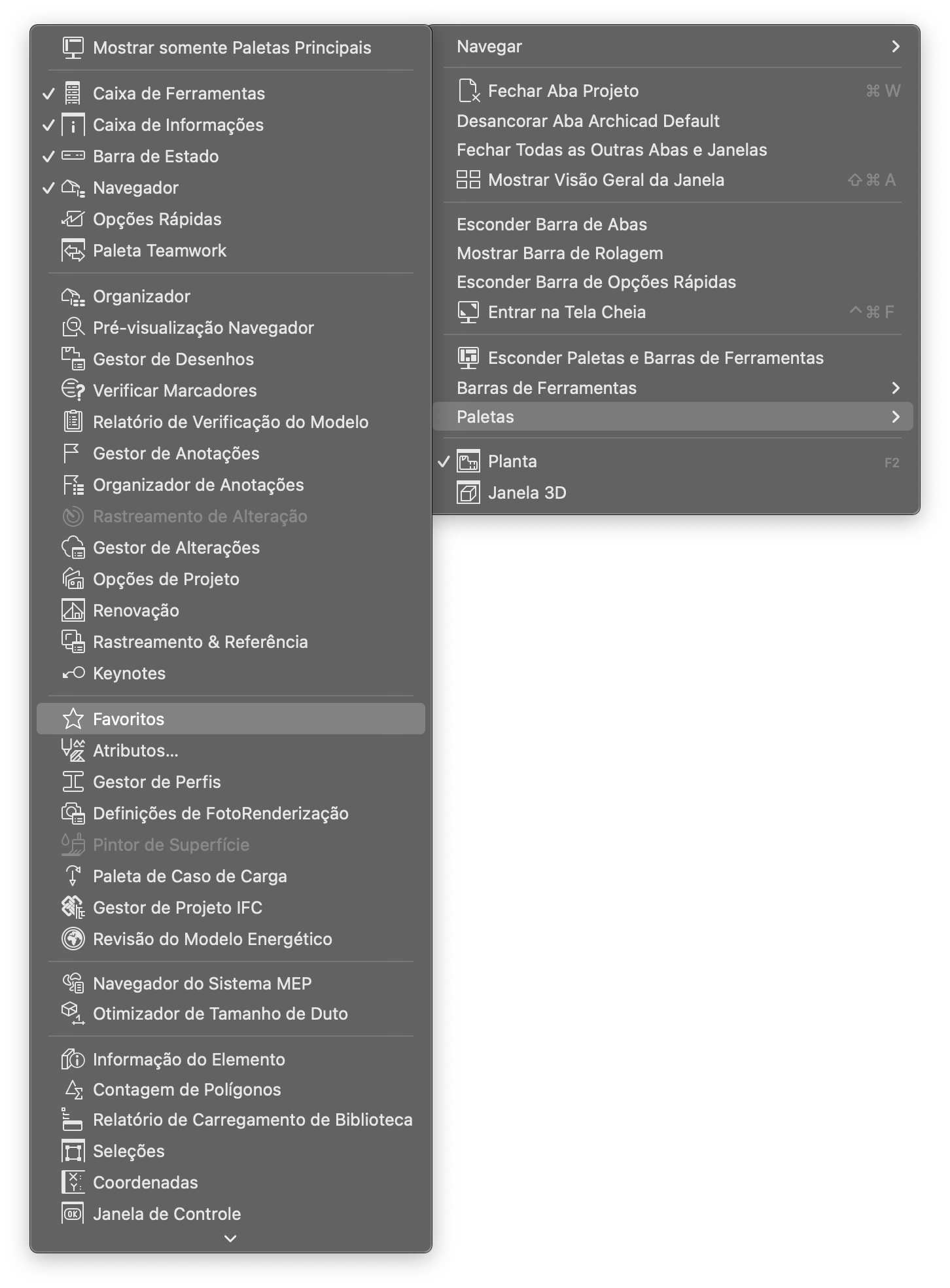 Menus do Archicad: à esquerda, opções como Caixa de Ferramentas e Navigator; à direita, Navegar com Planta e Janela 3D
