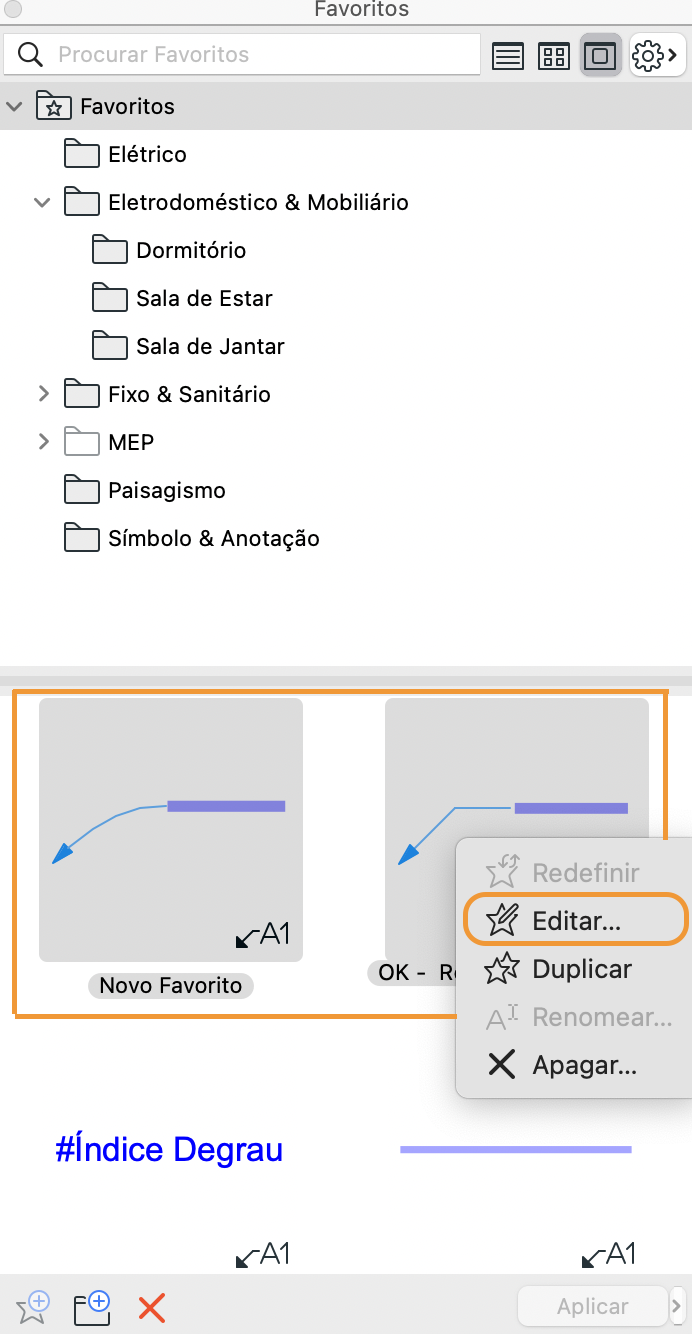 Painel Favoritos do Archicad com pastas e menu de contexto aberto, opção 'Editar...' destacada.