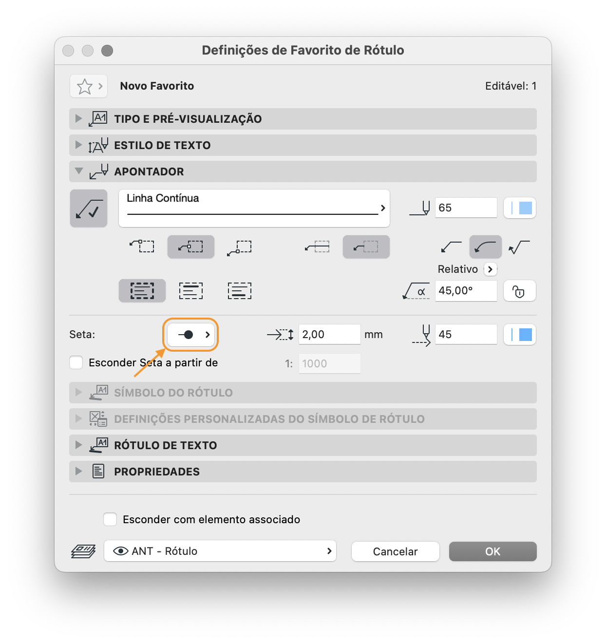 Janela "Definições de Favorito de Rótulo" do Archicad com opções de estilo de texto, apontador e seta destacada de 2,00 mm.
