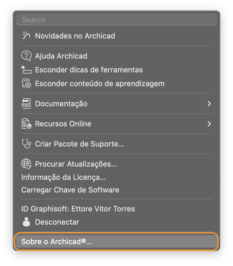 Menu vertical do Archicad com campo de busca no topo, exibindo opções "Novidades no Archicad", "Ajuda Archicad", "Esconder dicas de ferramentas", "Esconder conteúdo de aprendizagem", "Documentação", "Recursos Online", "Criar Pacote de Suporte...", "Procurar Atualizações...", "Informação da Licença...", "Carregar Chave de Software", "ID Graphisoft: Ettore Vitor Torres", "Desconectar" e "Sobre o Archicad®..." destacado com borda laranja na parte inferior.
