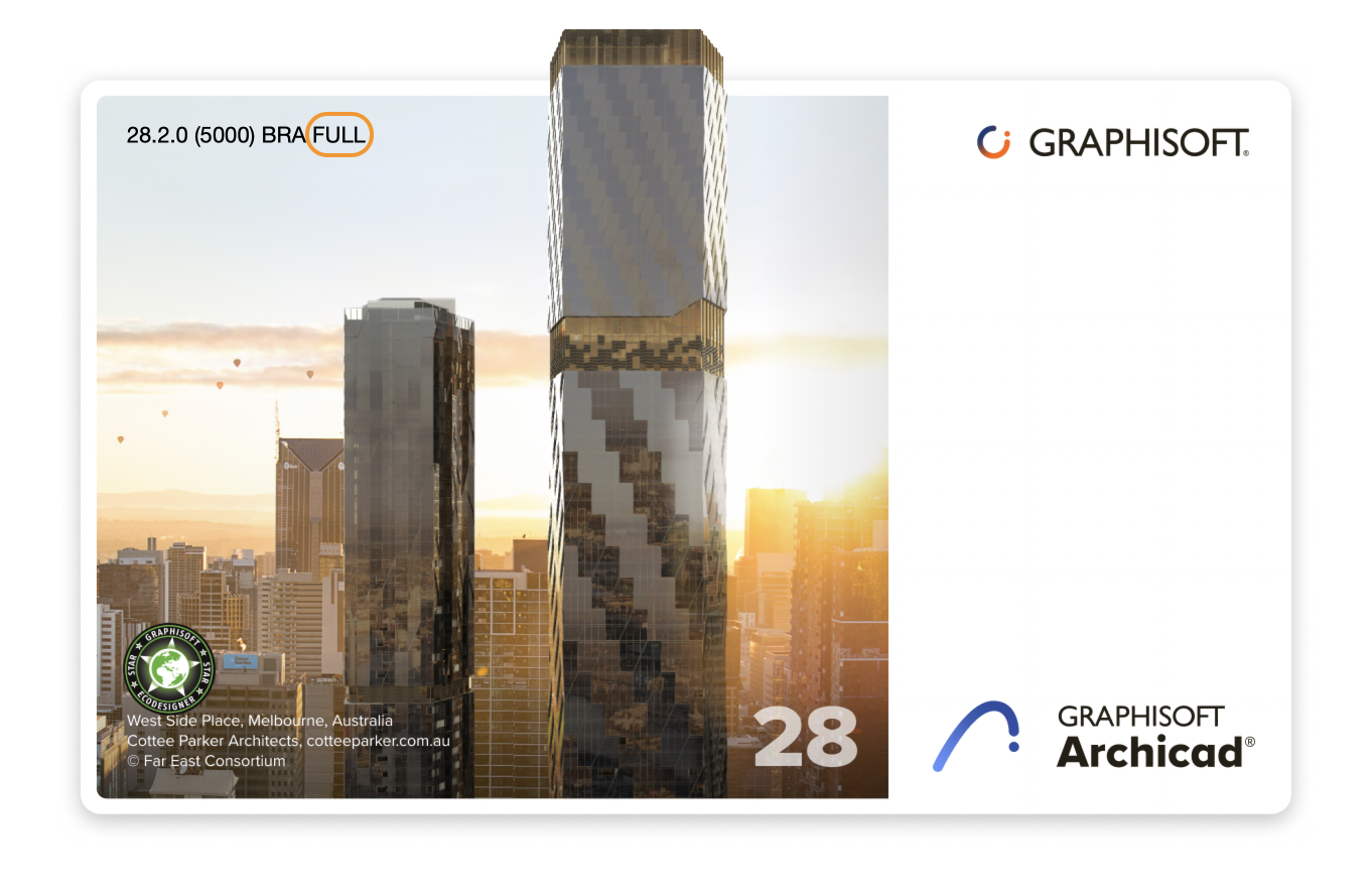 Tela do software Archicad 28.2.0 (5000) BRA FULL da Graphisoft, exibindo a imagem do projeto West Side Place em Melbourne, Austrália, por Cotte Parker Architects, com logotipos da Graphisoft e Archicad.