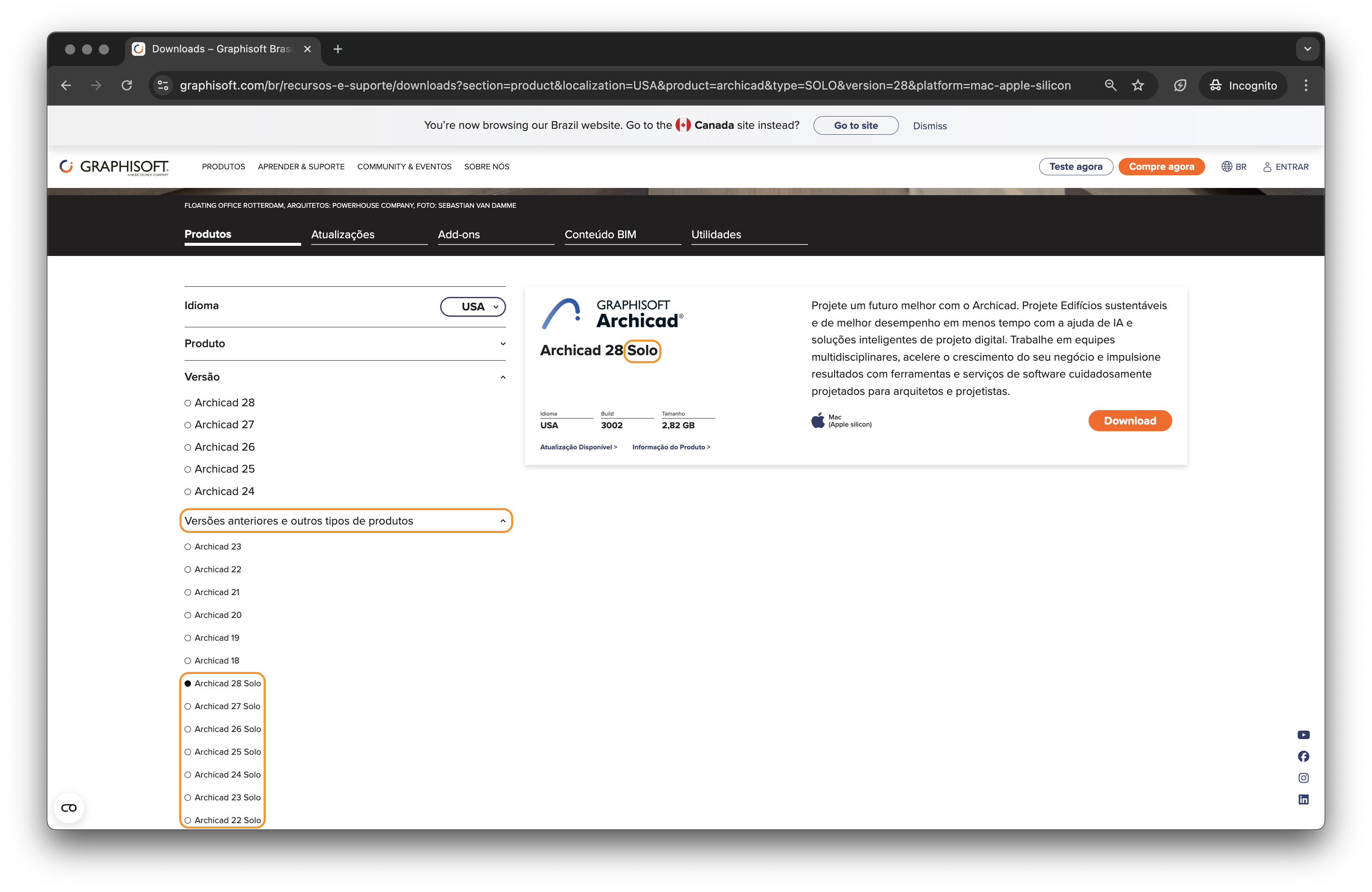 Página de downloads do site da Graphisoft em português, exibindo guias "Produtos", "Atualizações", "Add-ons", "Conteúdo BIM" e "Utilidades", seção de seleção de idioma (USA) e versão do produto com "Archicad 28 Solo" selecionado, texto promocional sobre projetos sustentáveis com IA e soluções inteligentes de projeto digital, botão laranja "Download" e aviso no topo informando navegação no site do Brasil.