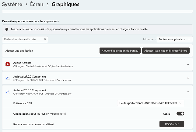 Fenêtre Paramètres de Windows 11 en français, section Système > Écran > Graphiques, montrant la liste d’applications dont Adobe Acrobat et Archicad 27/28, avec la préférence GPU définie sur « Hautes performances (NVIDIA Quadro RTX 5000) » et les options d’optimisation de jeux et de réinitialisation.