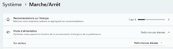 Fenêtre Paramètres de Windows 11 en français, section Système > Marche/Arrêt, montrant le bloc « Recommandations sur l’énergie » avec une jauge « 1 sur 4 », puis « Mode d’alimentation » réglé sur « Performances élevées » et l’option « Sur secteur » également définie sur « Performances élevées ».