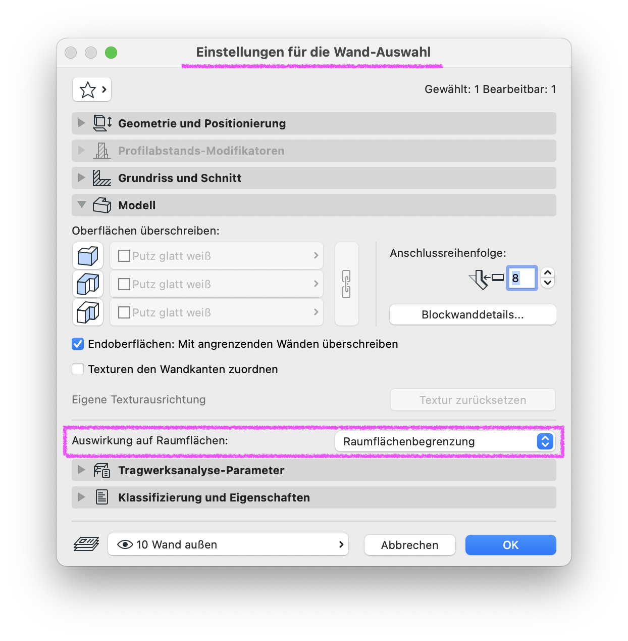 Dialog Einstellungen für die Wand‑Auswahl mit geöffnetem Register Modell, unten ist die Option Auswirkung auf Raumflächen: Raumflächenbegrenzung eingestellt womit diese Wand als gültige Begrenzung für die automatische Raumflächenberechnung wirkt.