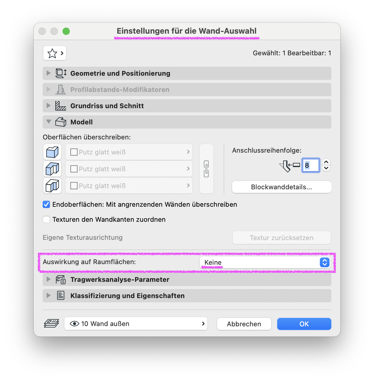 Dialog Einstellungen für die Wand‑Auswahl im Register Modell, unten ist bei Auswirkung auf Raumflächen der Wert Keine eingestellt wodurch diese Wand nicht als Begrenzung für Raumflächen berücksichtigt wird.
