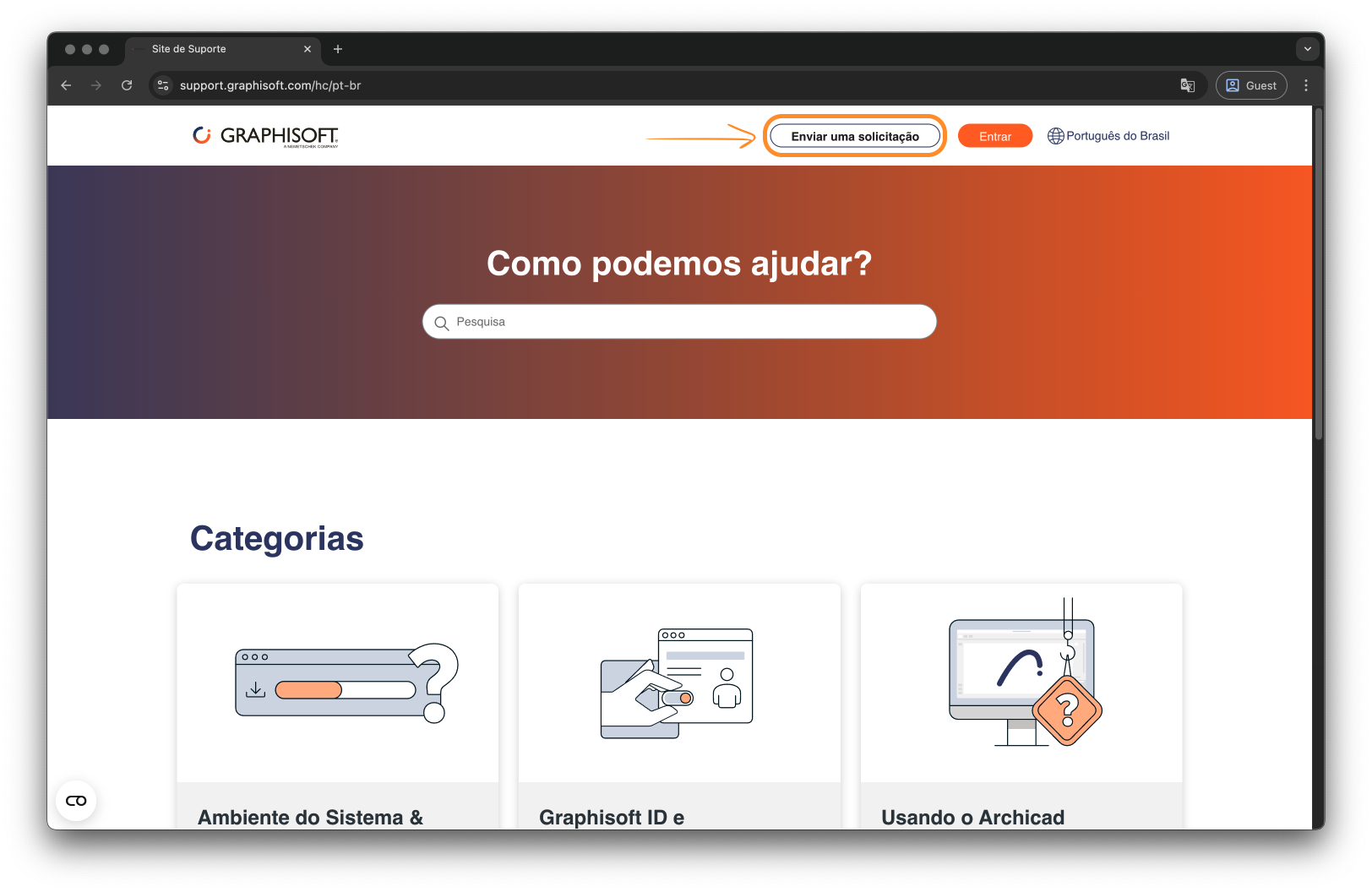 Página do site de suporte da Graphisoft em português do Brasil, exibindo o botão "Enviar uma solicitação" destacado por uma seta laranja, ao lado dos botões "Entrar" e "Português do Brasil", com a pergunta "Como podemos ajudar?" acima de uma barra de pesquisa e três categorias ilustradas: "Ambiente do Sistema &", "Graphisoft ID e" e "Usando o Archicad".