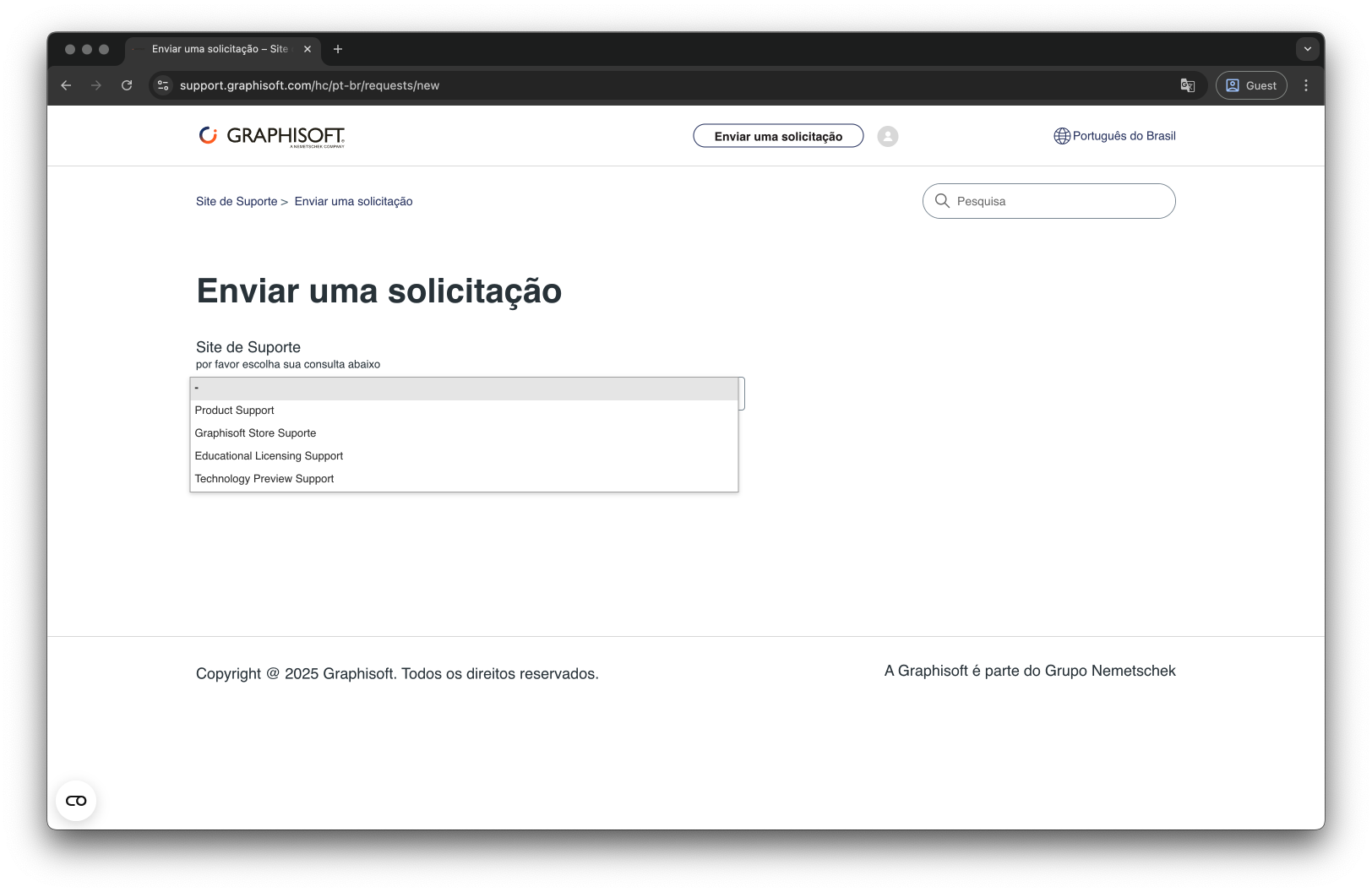 Página do Site de Suporte da Graphisoft em português do Brasil com o título "Enviar uma solicitação", exibindo menu suspenso com opções de suporte (Product Support, Graphisoft Store Suporte, Educational Licensing Support e Technology Preview Support), botão "Enviar uma solicitação", barra de pesquisa e rodapé com direitos autorais.