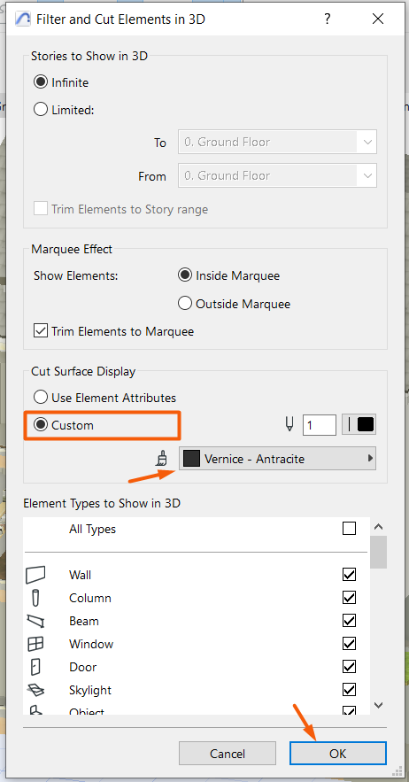 Diálogo "Filtro e Corte de Elementos em 3D" do Archicad, destacando a opção "Personalizado" em Exibição de Superfície Cortada e o botão OK.