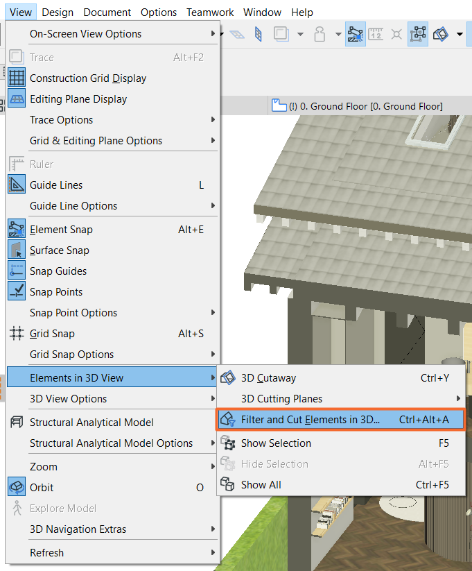 Menu "Visualização" do Archicad com submenu "Elementos Vista 3D" aberto, destacando a opção "Filtrar e Cortar Elementos em 3D..." (Ctrl+Alt+A).