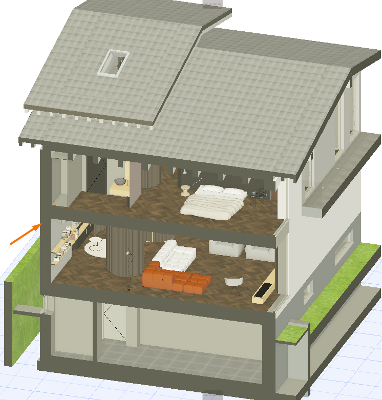 Modelo 3D de uma casa em corte no Archicad, exibindo planta baixa, mobiliário e telhado com seta laranja indicando orientação.