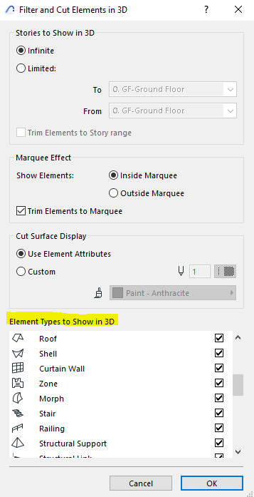 Diálogo "Filtrar e Cortar Elementos em 3D" do Archicad com opções de pavimentos, efeito de seleção e tipos de elementos para exibição.