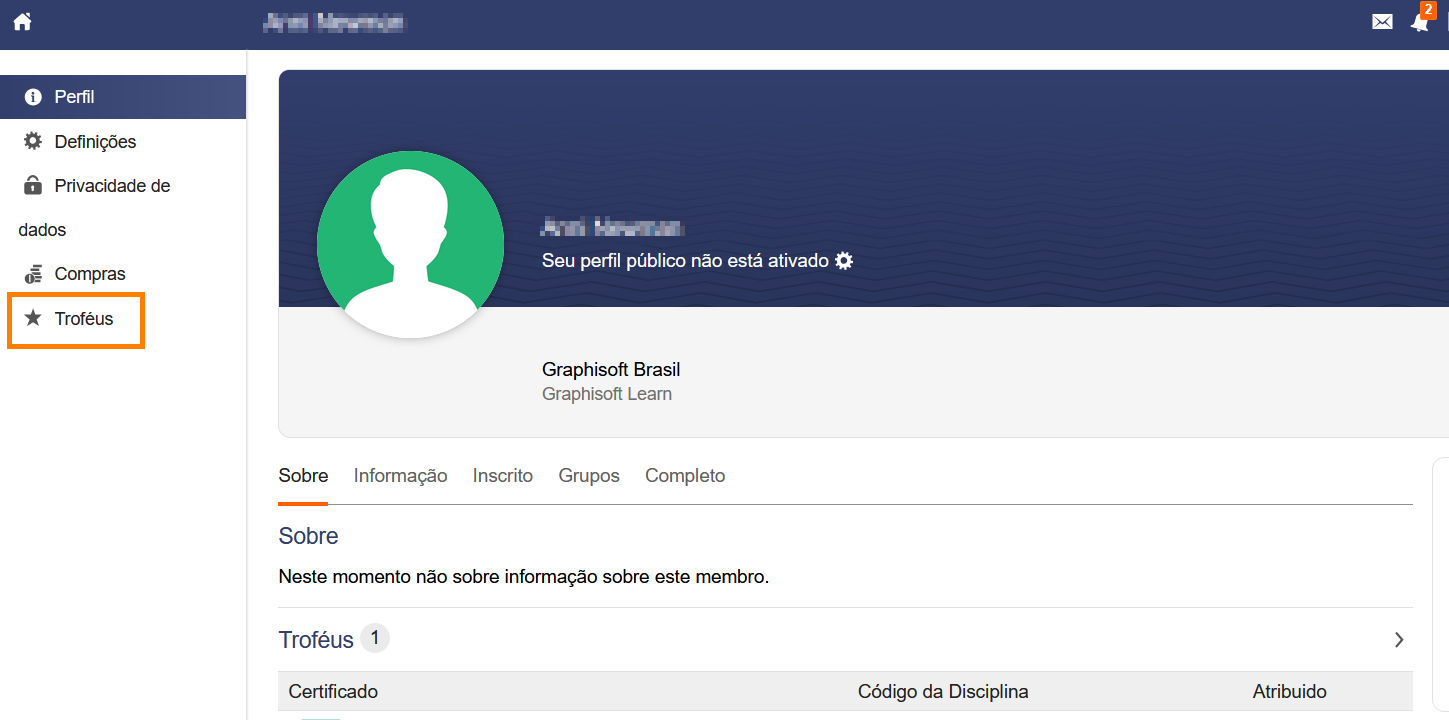 Menu lateral com "Troféus" selecionado, perfil público não ativado, guias Sobre, Informação, Inscrito e Grupos no Archicad.