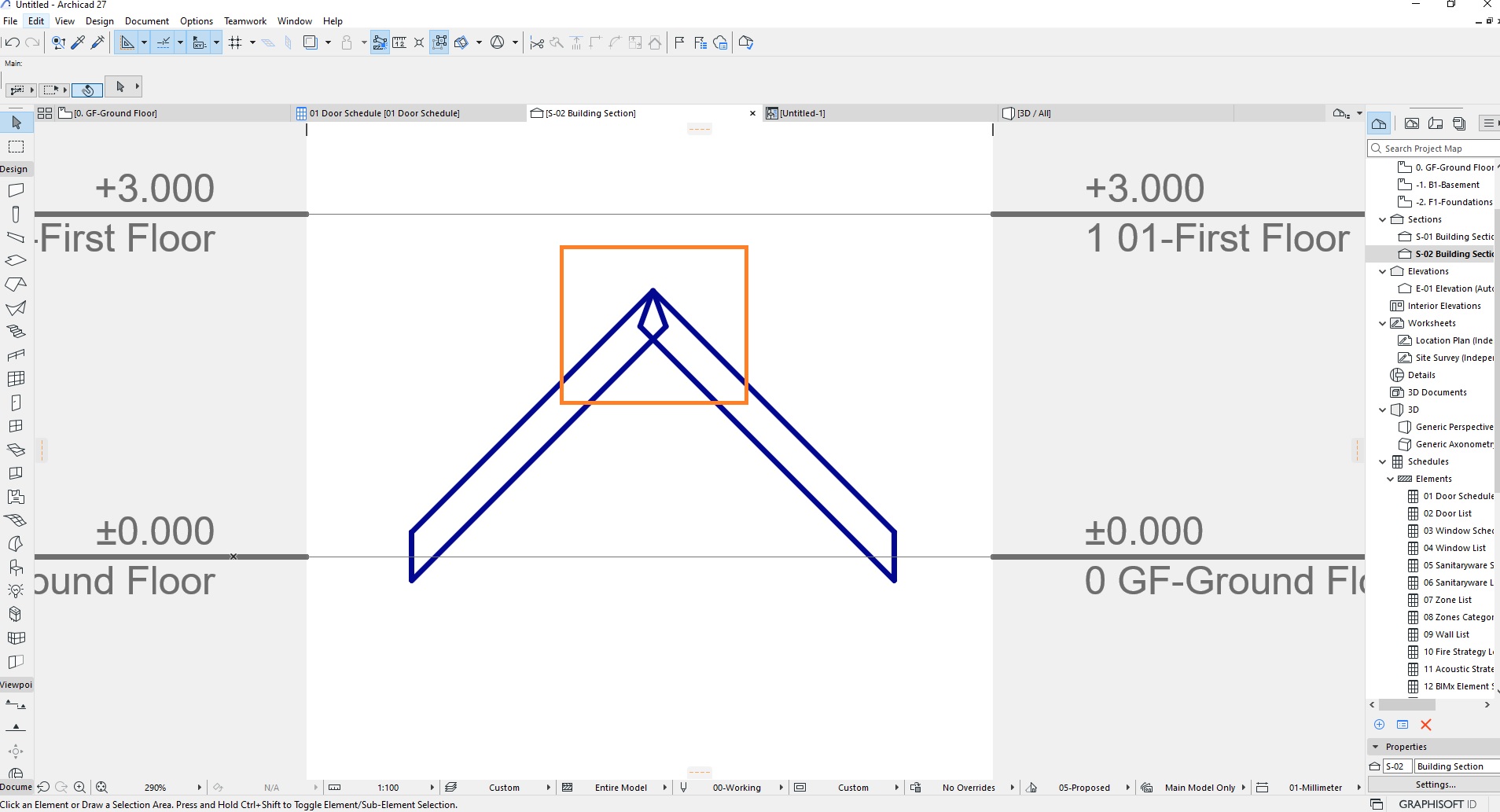Interface do Archicad exibindo seção de edifício com níveis +3.000 (First Floor) e ±0.000 (Ground Floor), forma geométrica azul selecionada com caixa laranja, barras de menus superiores (File, Edit, View), painel esquerdo de ferramentas de design, mapa de projeto à direita com seções "01-First Floor" e "0 GF-Ground Floor" listando elementos como Door Schedule e Wall List, e barra de status inferior com escala 1:100 e modo "Entire Model".