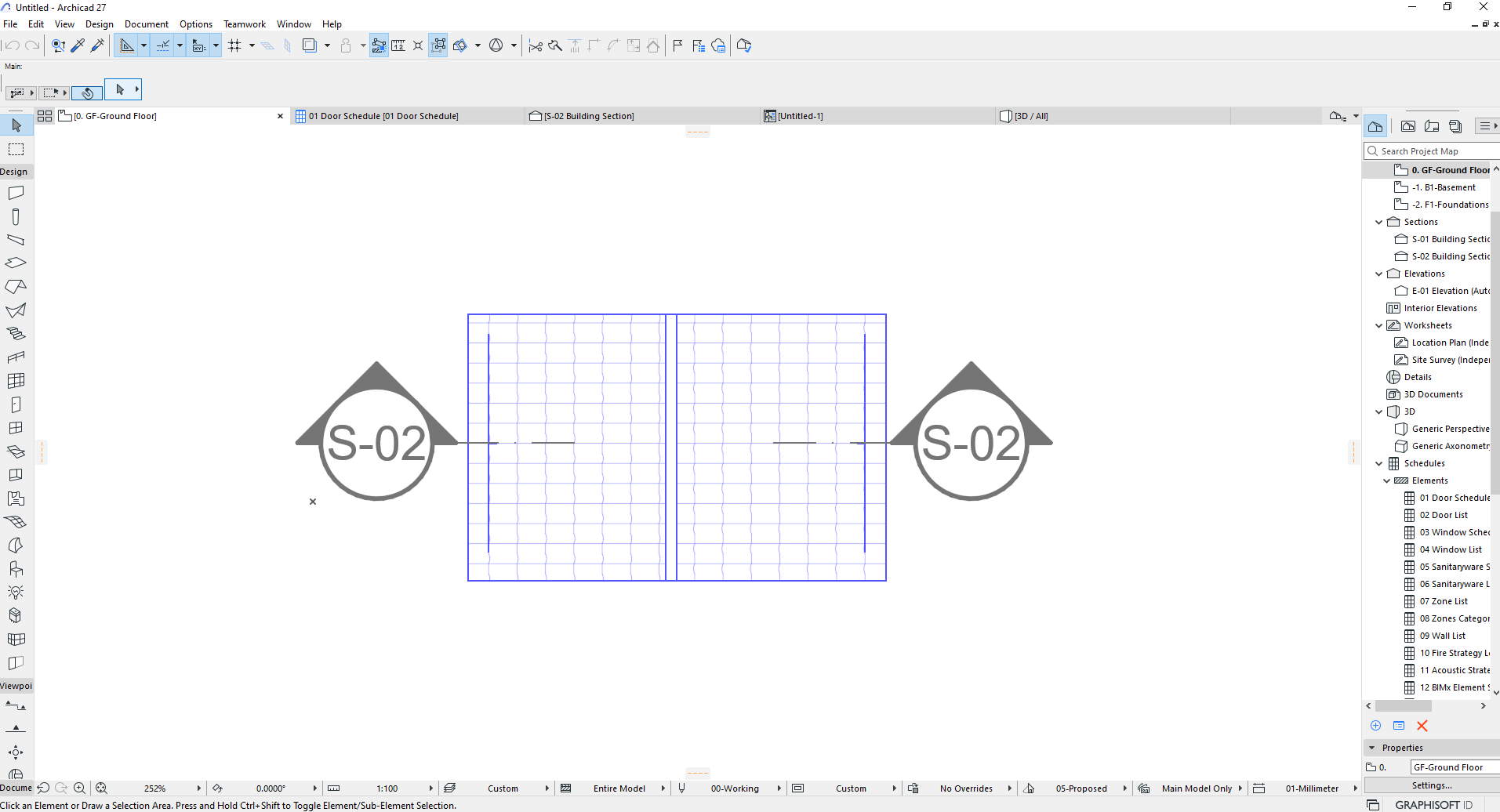 Interface do Archicad 27 exibindo menu superior com opções como File, Edit e View, barras de ferramentas com ícones de desenho e edição, área central com desenho técnico contendo duas grades azuis rotuladas "S-02" e marcadores triangulares, painel direito com estrutura do projeto (0. GF-Ground Floor, Sections, Elevations, Schedules) e barra de status inferior indicando escala 1:100, zoom 252% e modo "00-Working".