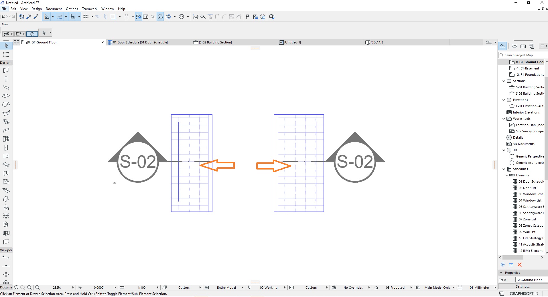 Interface do Archicad 27 exibindo menu superior com opções File, Edit, View, Design, Document, Options, Teamwork, Window e Help; barras de ferramentas com ícones de desenho e edição; área central com duas seções de edifício marcadas como S-02 conectadas por setas laranjas; painel Project Map à direita listando categorias como GF-Ground Floor, Sections, Elevations, Worksheets e Schedules; e barra de status inferior indicando escala 1:100 e modo 00-Working.