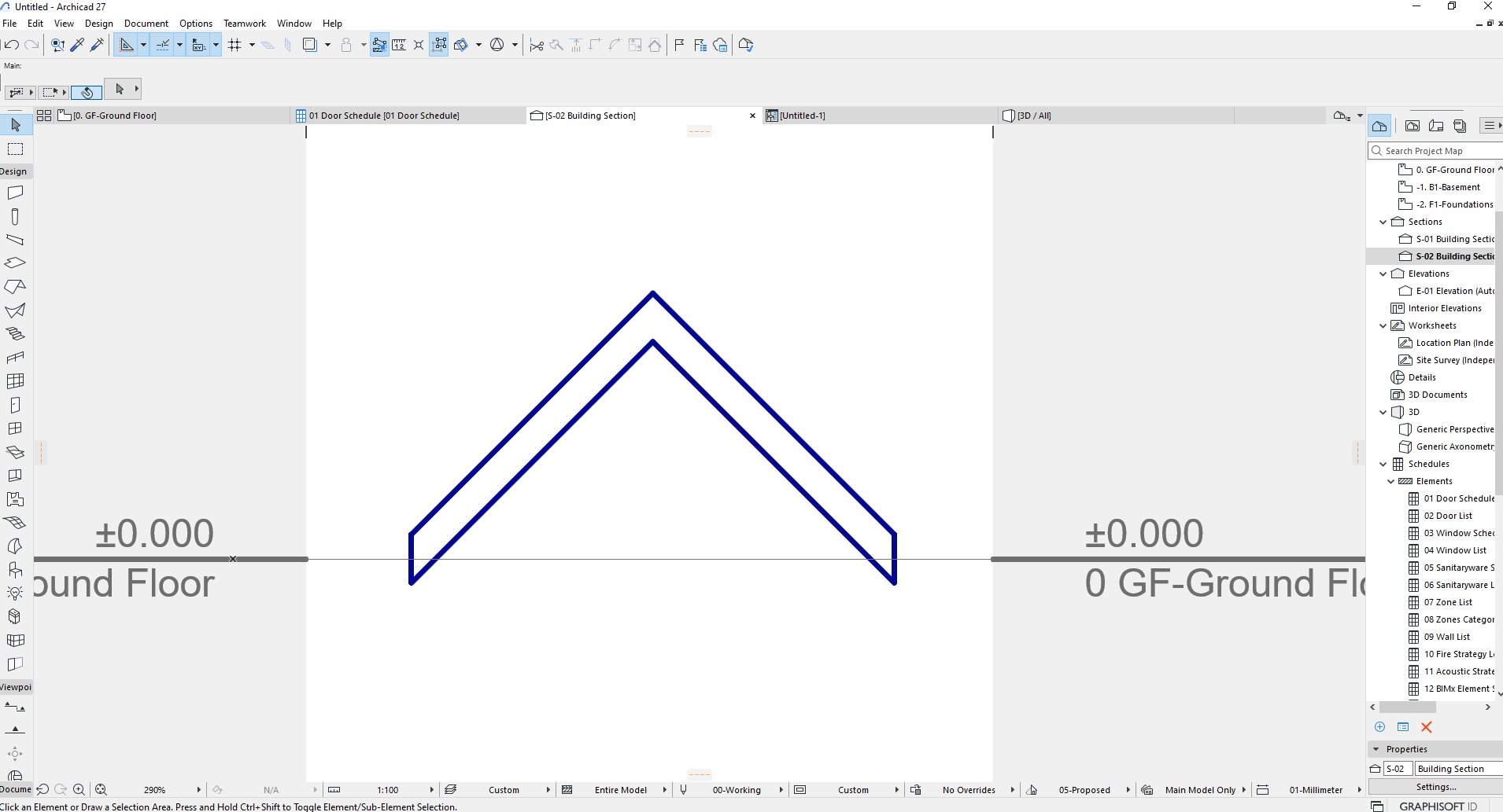 Interface do Archicad 27 com barras de menu (File, Edit, View), ferramentas de design e documentação, área central de desenho exibindo uma seção arquitetônica com forma angular azul, cotas ±0.000 e rótulos "0 GF-Ground Floor", painel Project Map à direita listando seções como "S-02 Building Section" e "01 Door Schedule", e barra de status inferior indicando escala 1:100, modo 00-Working e outras configurações do projeto.