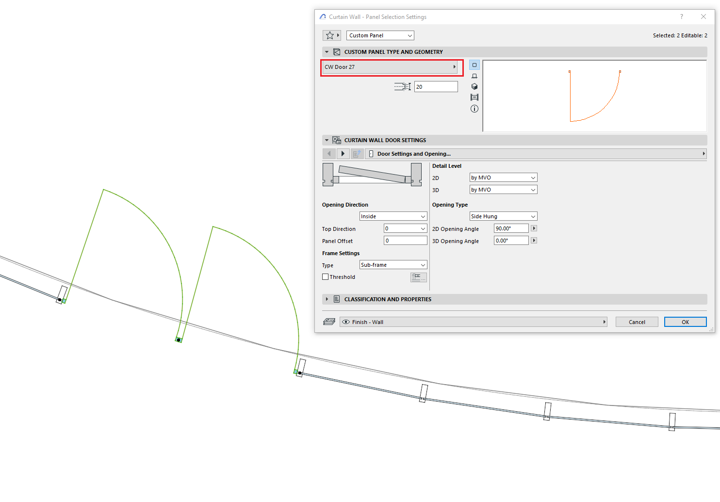 Janela de configurações "Curtain Wall - Panel Selection Settings" do Archicad exibindo a seção "CUSTOM PANEL TYPE AND GEOMETRY" com "CW Door 27" selecionado e destacado em vermelho, visualização de um painel curvo, seção "CURTAIN WALL DOOR SETTINGS" com nível de detalhe 2D e 3D definidos como "by MVO", direção de abertura "Inside", tipo de abertura "Side Hung", ângulos 2D de 90.00° e 3D de 0.00°, configurações de moldura com tipo "Sub-frame", seção "CLASSIFICATION AND PROPERTIES" com "Finish - Wall", e fundo mostrando linha verde curva e painéis em uma parede de cortina.
