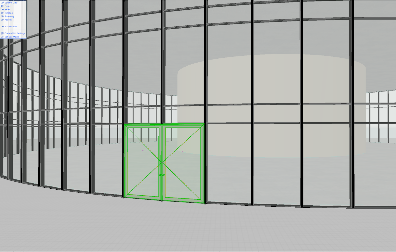 Interface do Archicad mostrando modelo 3D de fachada com parede cortina de vidro curva e perfis pretos, porta dupla destacada em verde no centro, painel esquerdo com opções Schematic Grid, Frame, Panel, Junction, Accessory, Pattern, Environment, Curtain Wall Settings e Full Edit Mode, e fundo com estrutura cilíndrica e painéis de grade.