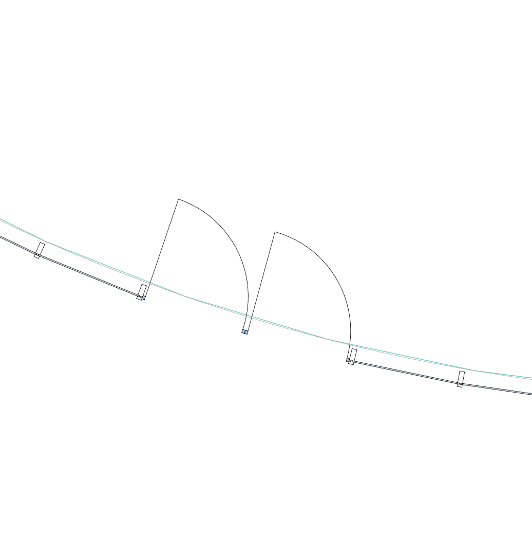 Desenho técnico no Archicad com linhas diagonais, arcos e pontos de controle com quadrados azuis conectados por linhas guia.