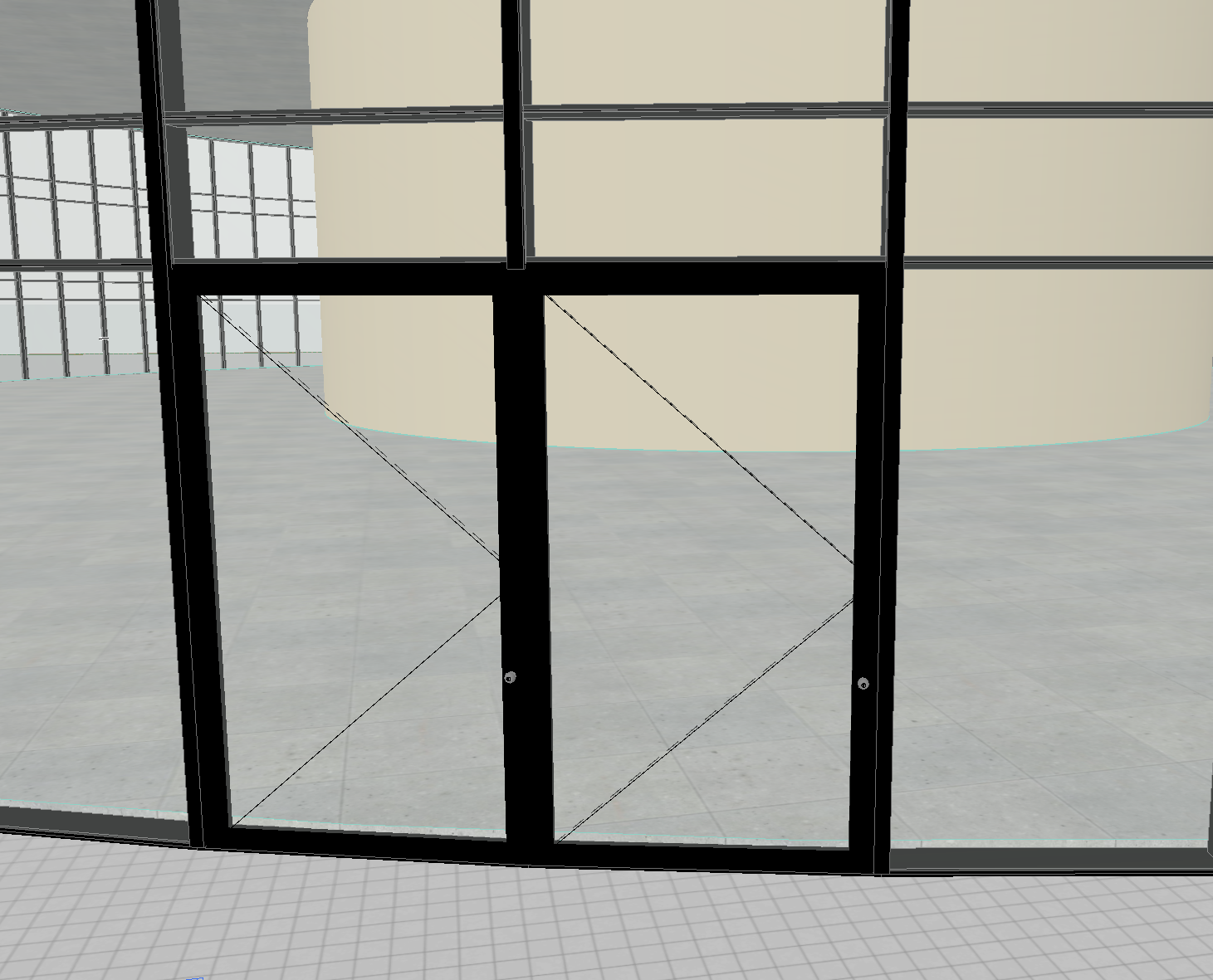 Modelo 3D no Archicad exibindo parede de vidro curva com estrutura preta, portas duplas de vidro com linhas diagonais, piso cinza com grade e elementos estruturais ao fundo.