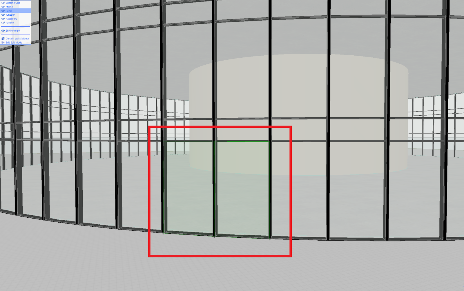 Modelo 3D de fachada de vidro curva com estrutura metálica em Archicad, destacando painel selecionado por retângulo vermelho e linhas verdes, com menu lateral esquerdo exibindo opções como Scheme Grid, Frame, Junction, Accessory, Pattern, Environment, Curtain Wall Settings e Exit Edit Mode.