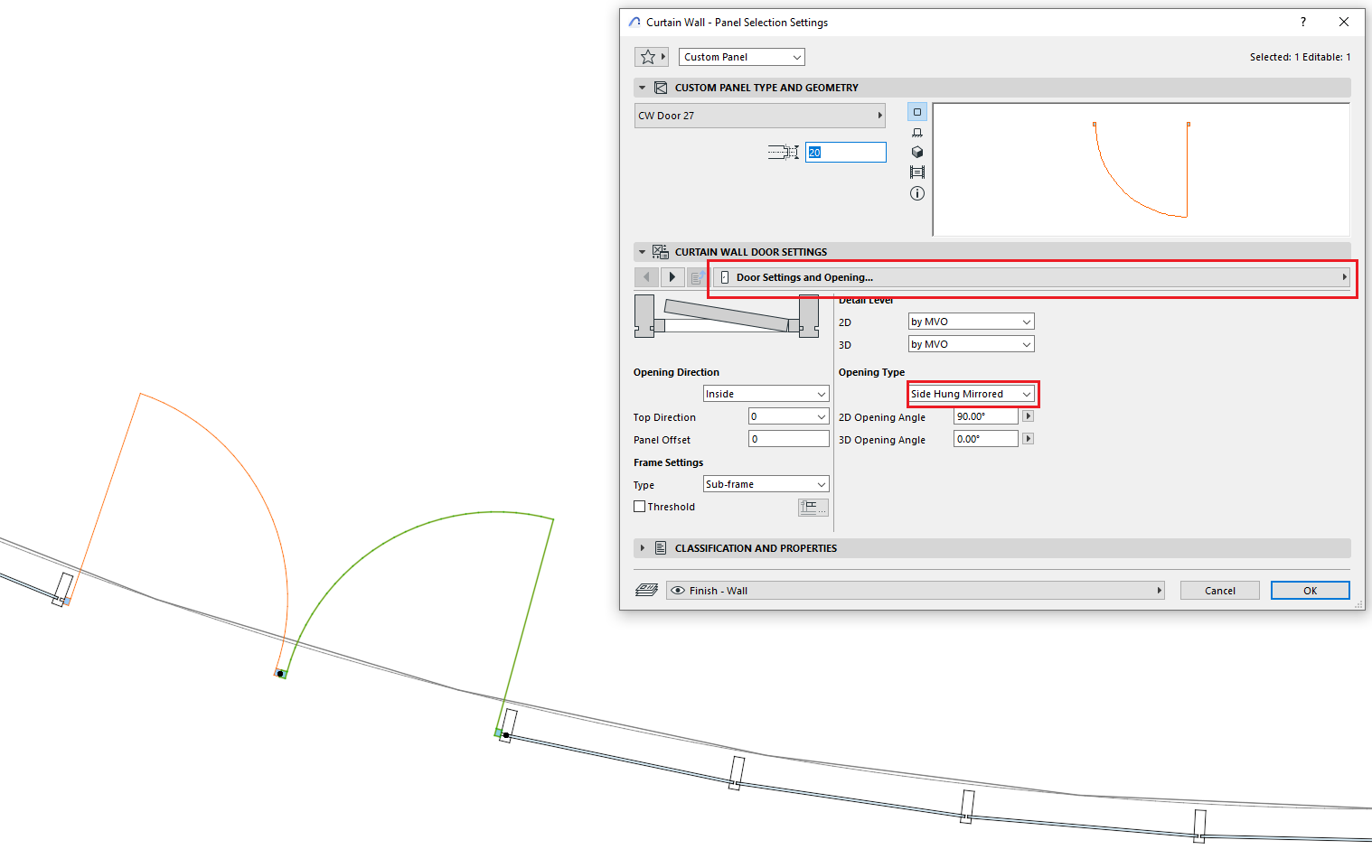 Janela de diálogo "Curtain Wall - Panel Selection Settings" do Archicad exibindo a seção "CUSTOM PANEL TYPE AND GEOMETRY" com a opção "CW Door 27" e valor 20, e a seção "CURTAIN WALL DOOR SETTINGS" com o botão "Door Settings and Opening..." e a opção "Side Hung Mirrored" em "Opening Type" destacados por retângulos vermelhos, configurações de direção de abertura "Inside", ângulos 2D 90.00° e 3D 0.00°, visualização 3D com curva laranja e a vista principal com parede de cortina e elementos geométricos em laranja e verde.