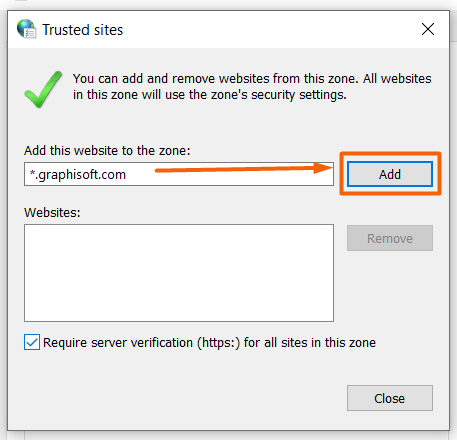 Janela "Sites confiáveis" informando que é possível adicionar e remover sites da zona, com todos utilizando as configurações de segurança, campo contendo "*.graphisoft.com" com seta apontando para o botão "Add" destacado, lista de sites vazia, botão "Remove" desativado, caixa de seleção "Requerer verificação de servidor (https) para todos os sites desta zona" marcada e botão "Close".