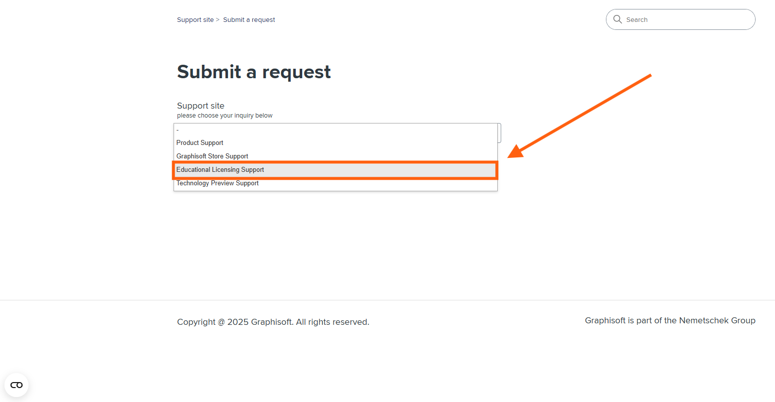 Página "Submit a request" do site de suporte da Graphisoft, com menu suspenso "Support site" e instrução "please choose your inquiry below", exibindo opções Product Support, Graphisoft Store Support, Educational Licensing Support (destacado com borda laranja e seta apontando) e Technology Preview Support.