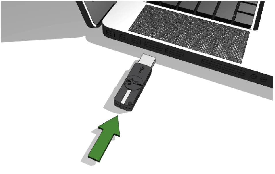 Ilustração 3D de um pendrive preto com ícone USB sendo inserido em uma porta USB de um laptop, com uma seta verde apontando para o dispositivo, indicando a direção da inserção.