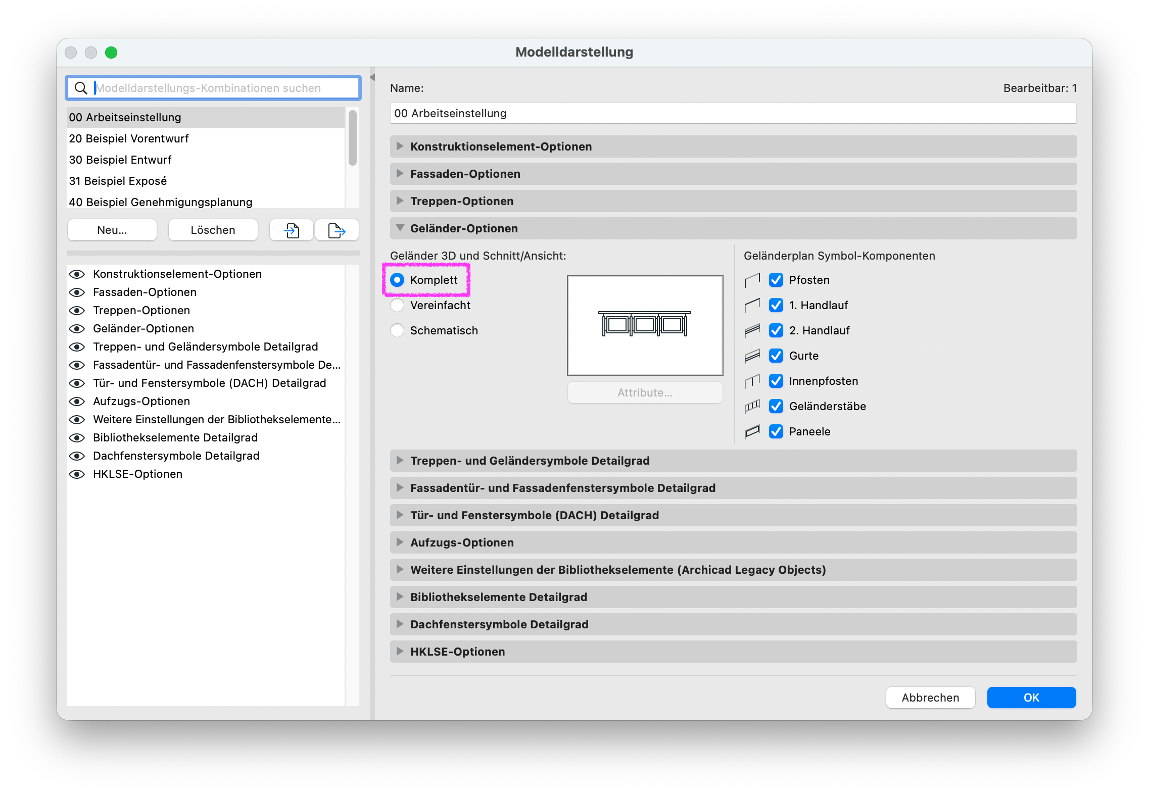Dialogfenster zur Modelldarstellung mit Fokus auf der Auswahl „Komplett" bei den Geländer-Optionen.