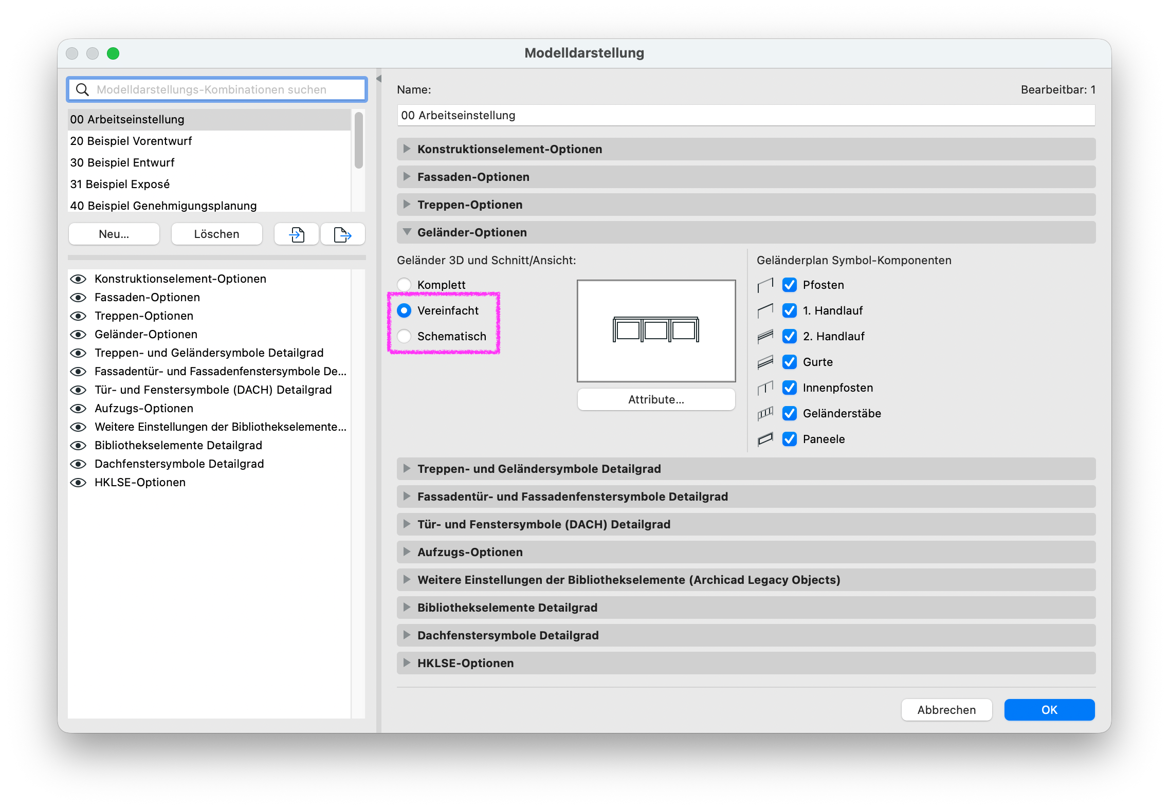 Dialogfenster zur Modelldarstellung mit Fokus auf der Auswahl „Vereinfacht“ und "Schematisch" bei den Geländer-Optionen.