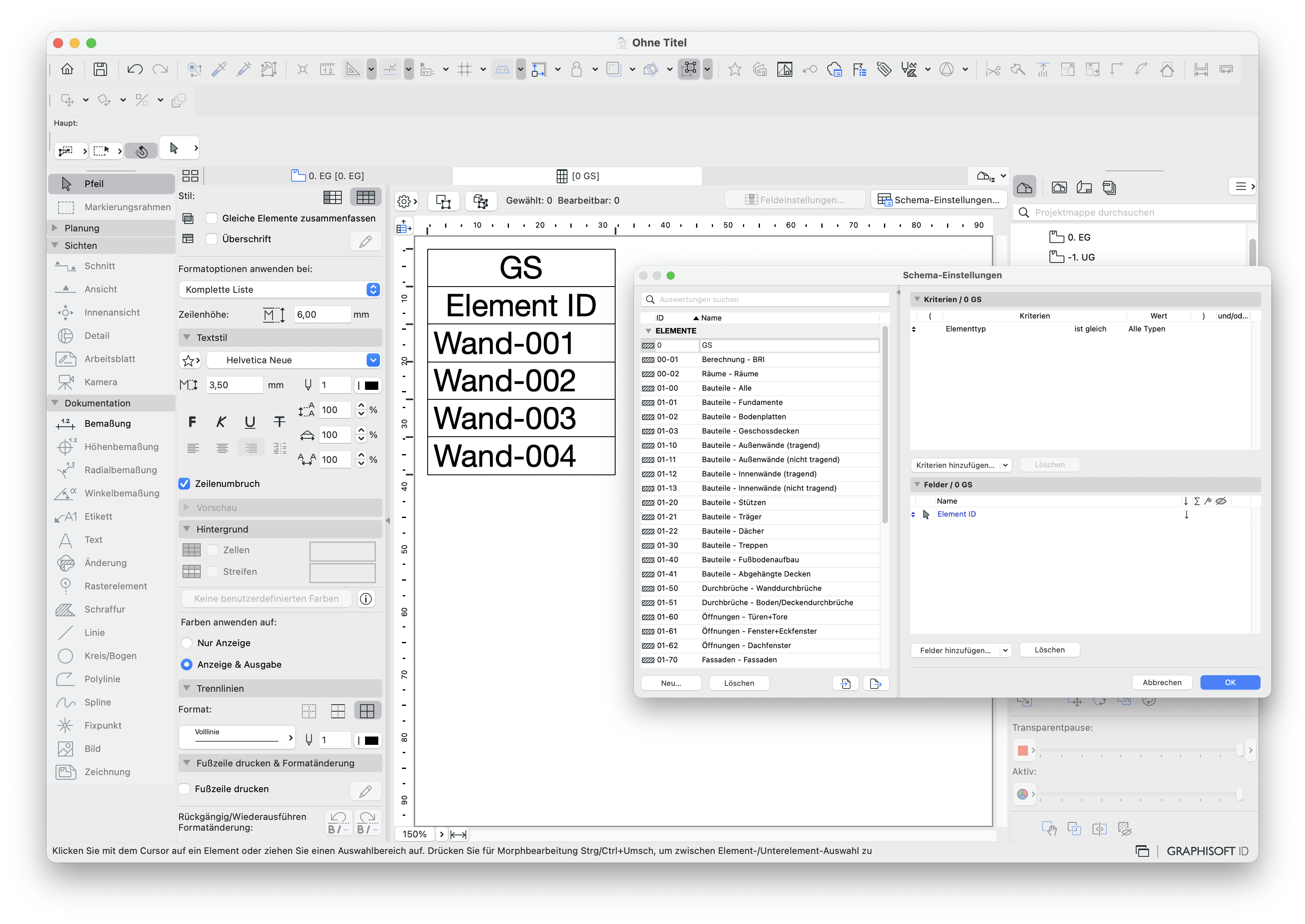 Auswertung aller Elemente der Archicad-Datei. Es werden alle Wände, aber nicht das Etikett aufgelistet.