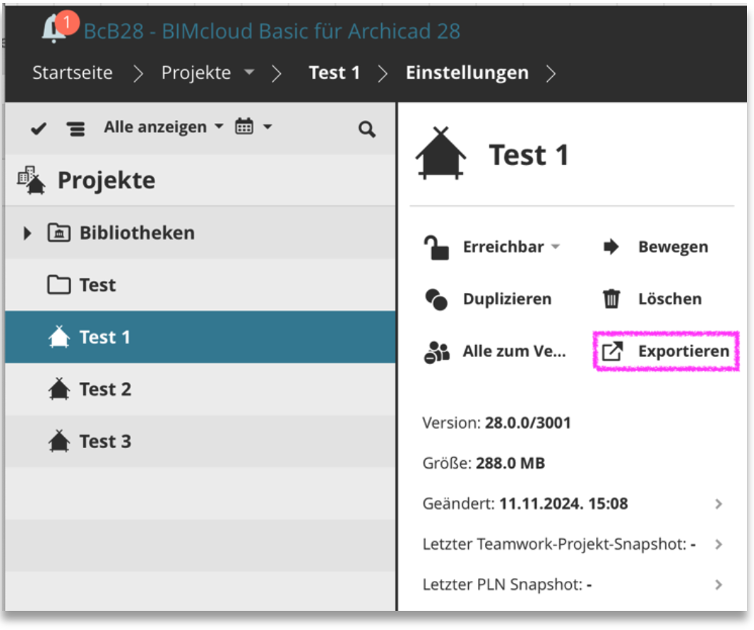 Weboberfläche der BIMcloud mit geöffneten Projekteinstellungen, selektiertem Projekt „Test 1“ und hervorgehobener Exportieren-Funktion in der Seitenleiste.