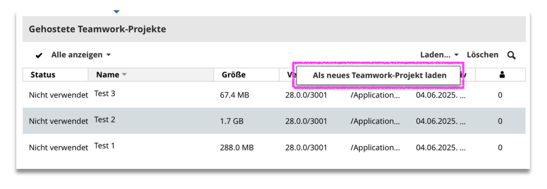 Liste gehosteter Teamwork-Projekte, hervorgehobene Funktion Als neues Teamwork-Projekt laden, Statusanzeige „Nicht verwendet“ sowie Projektgrößen und -namen sichtbar.