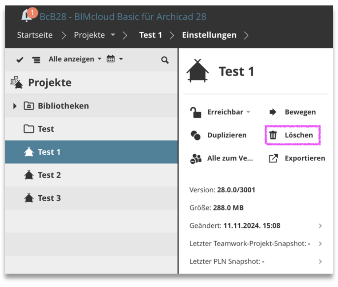 Weboberfläche der BIMcloud mit geöffneten Projekteinstellungen, selektiertem Projekt „Test 1“ und hervorgehobener Löschen-Funktion in der Seitenleiste.